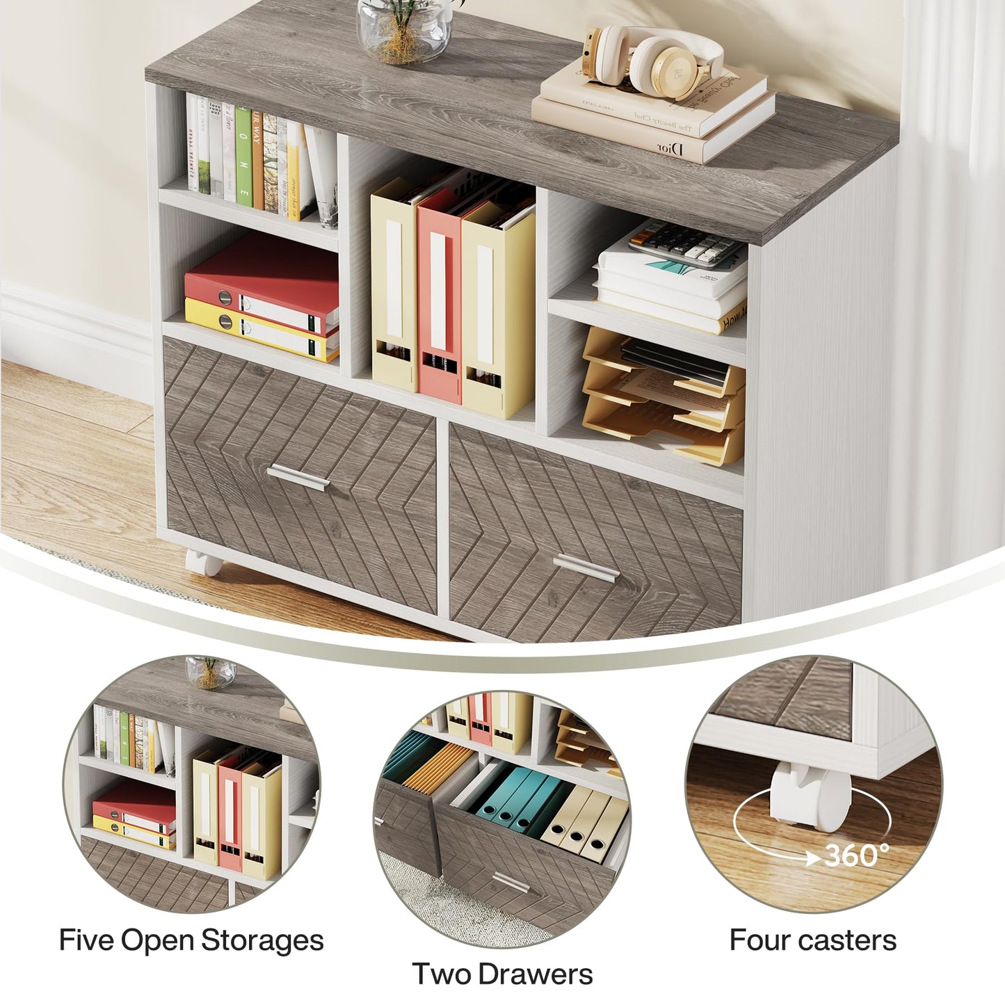 Tribesigns 2-Drawer Wood File Cabinet, Mobile Lateral Filing Cabinet for Hanging Letter Size Files, Printer Stand with Open Storage Shelves for Home Office (Oak Karo & White)