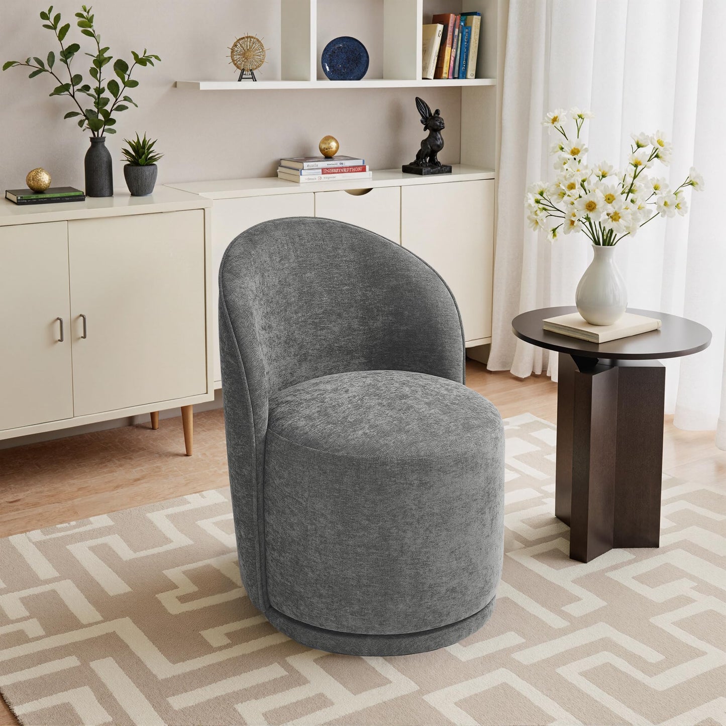 Swivel Barrel Dining Chairs Set of 2, Faux Leather Upholstered Round Dining Chairs, 360° Swivel Vanity Chair Comfy Armless Accent Makeup Chair for Dining/Living Room Makeup Room, Brown