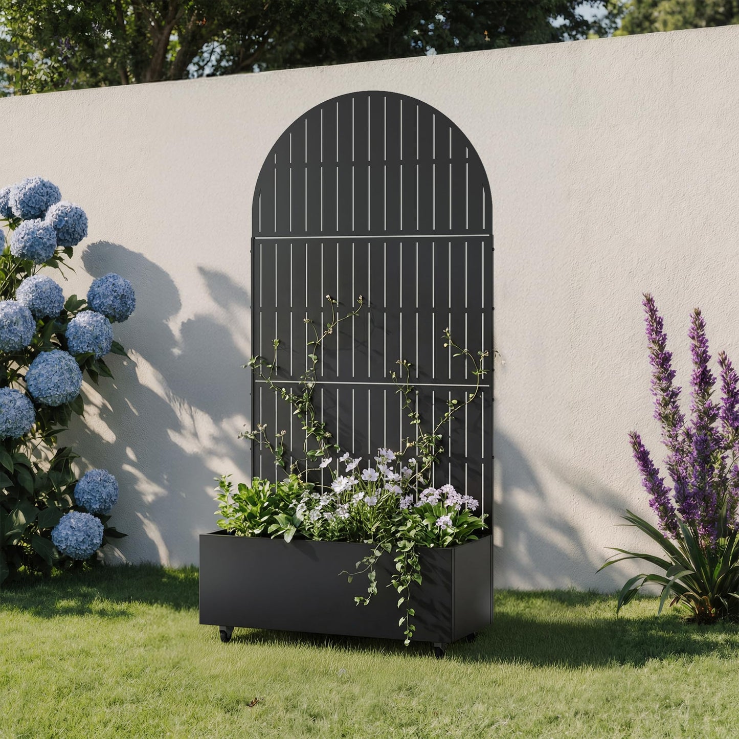 Metal Raised Garden Bed with Trellis and Wheels, 71"x47"x16" Planter Box with Privacy Screen & Drainage Holes, Arched Outdoor Garden Bed for Climbing Plants, Vegetables, Flowers (Black-Square)