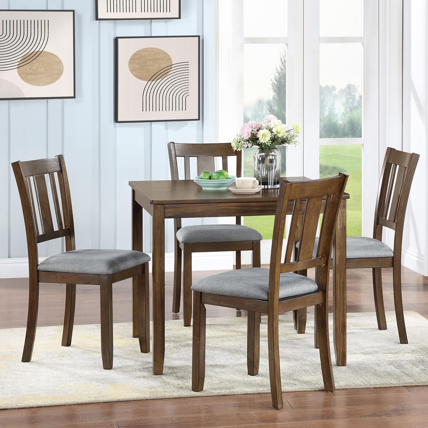 LKTART 5-Piece Kitchen & Dining Room Table and Chairs Sets,Small Square Kitchen Table with 4 Upholstered XX-Shaped Backrest Chairs,Walnut