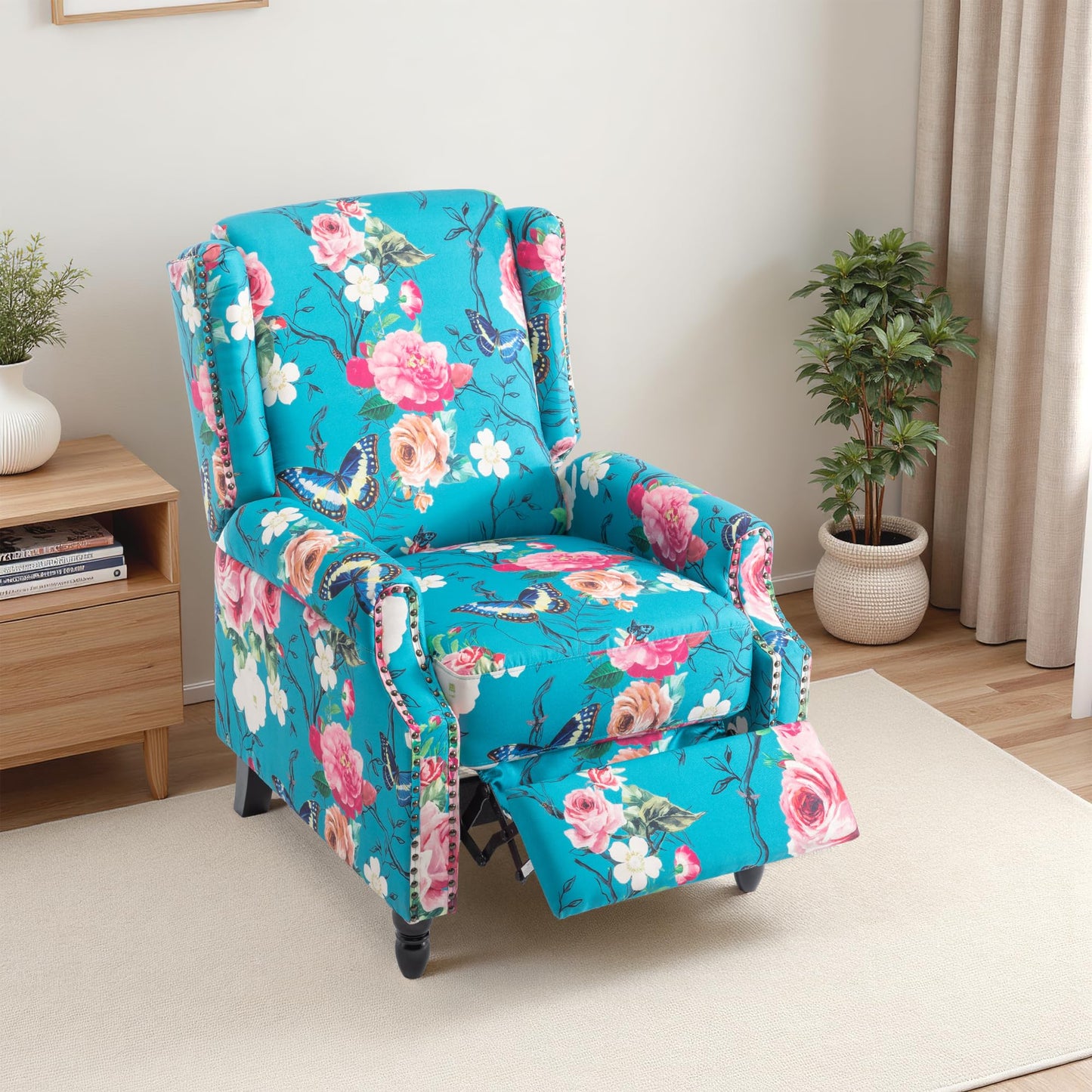 Pushback Recliner Chair, Printed Fabric Wingback Recliner Chair for Living Room, Upholstered Armchair Push Back Recliner with Wood Legs, Rivet Trim Wingback Accent Chair for Bedroom, Navy