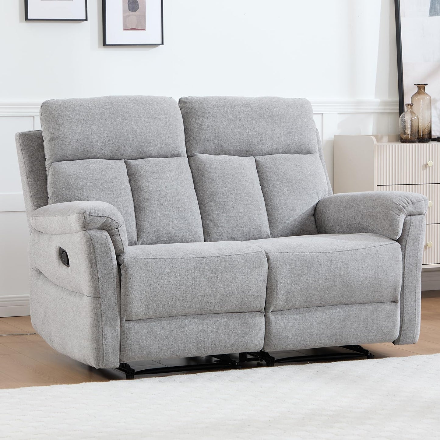 IOMOR Manual Reclining Loveseat, Soft Fabric Loveseat Recliner Couch for Adults with Overstuffed Arms and Back, Double Sofa Recliner for Living Room (Light Gray)