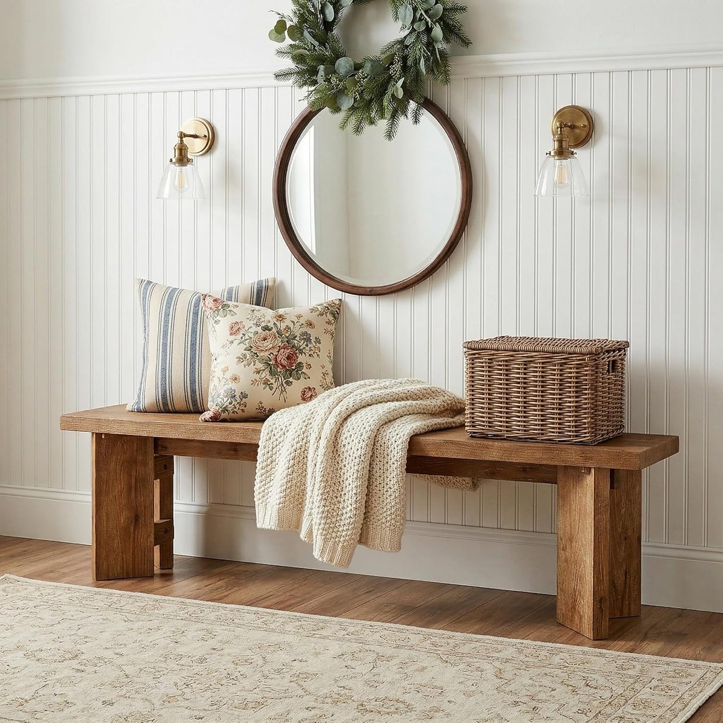 Solid Wood Entryway Bench, 62.99" Long Bench with Thickened Legs, Farmhouse Wooden Seating Benches for Entrance, Dining Room, End of Bed, Bay Window