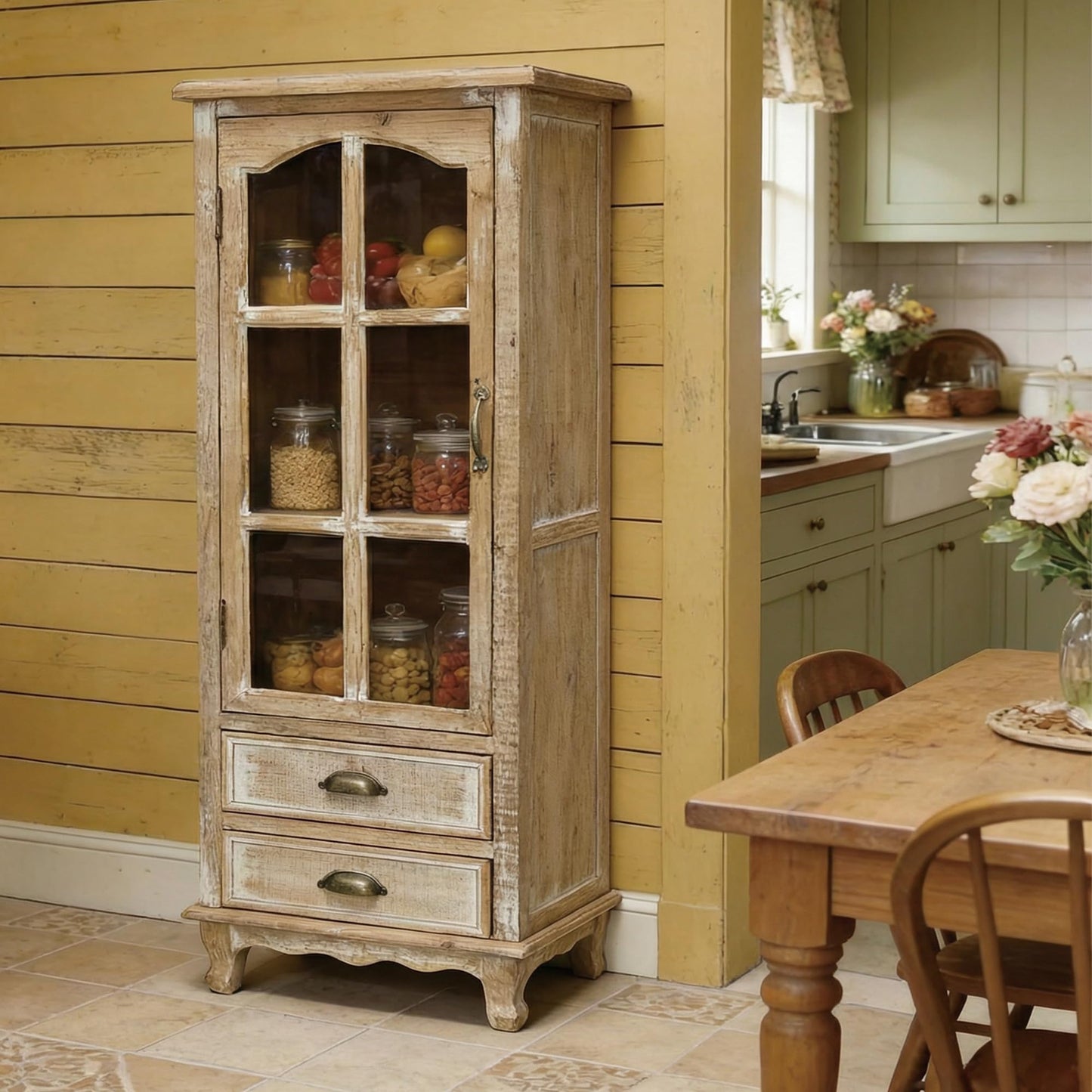 LKTART KTART 55'' Tall Kitchen Pantry Cupboard Storage Cabinet with Shelves & Drawer,French Country Accent Cabinet with Embossed Floral Metal Doors and Solid Wood Frame,Natural Wood