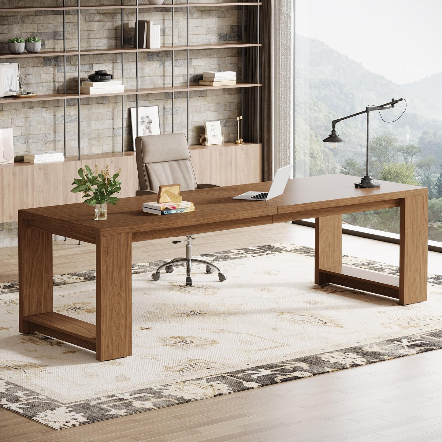 Tribesigns Two Person Desk, 86.6 Inches Extra Long Desk, Double Computer Writing Table, Wood Large Desks Workstation for Home Office, Natural Wood