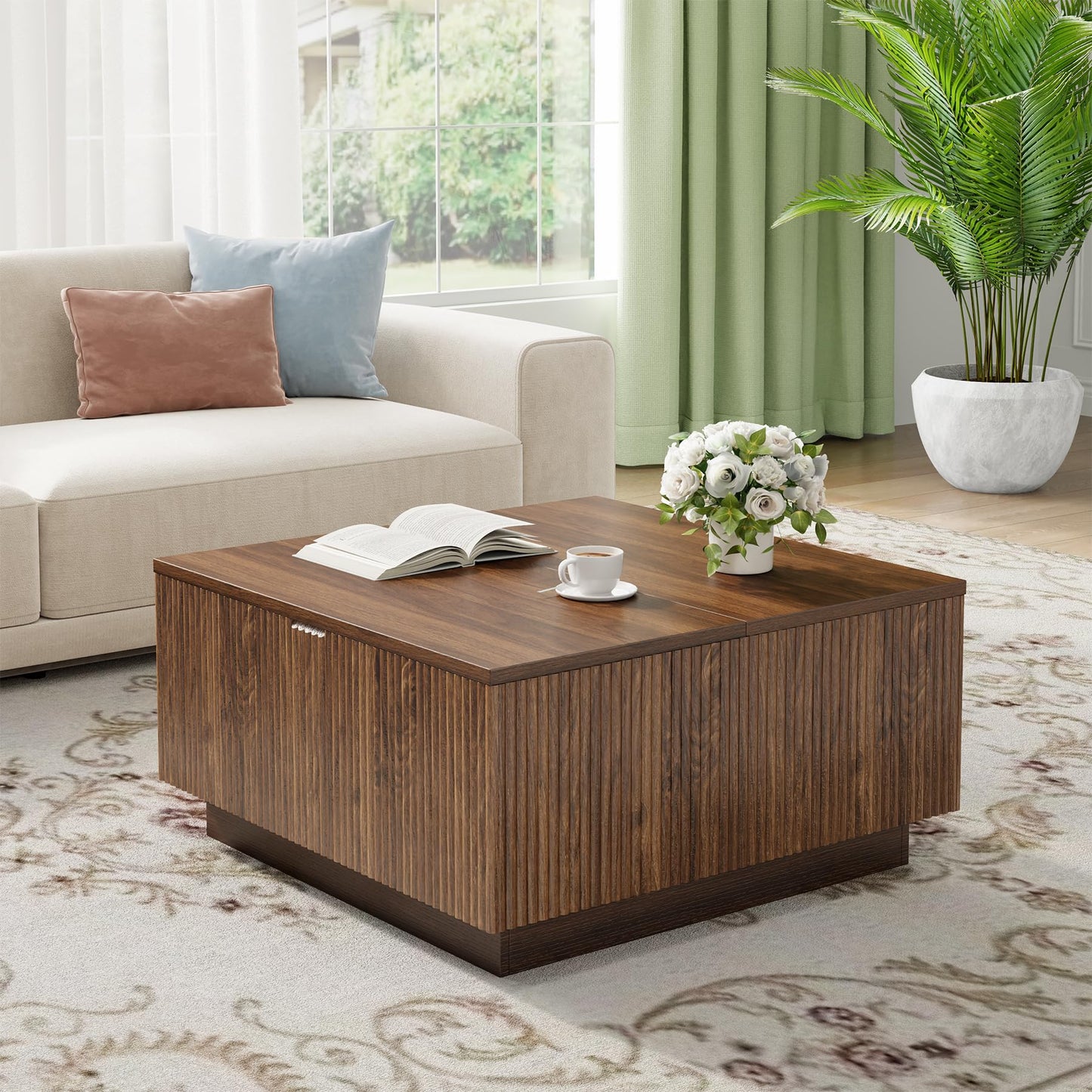 Epecoya Lift Top Coffee Table, Farmhouse Square Fluted Center Table, 31" Modern Wooden Tea Table with Hidden Storage for Living Room, Apartment, Small Spaces, Brown Walnut