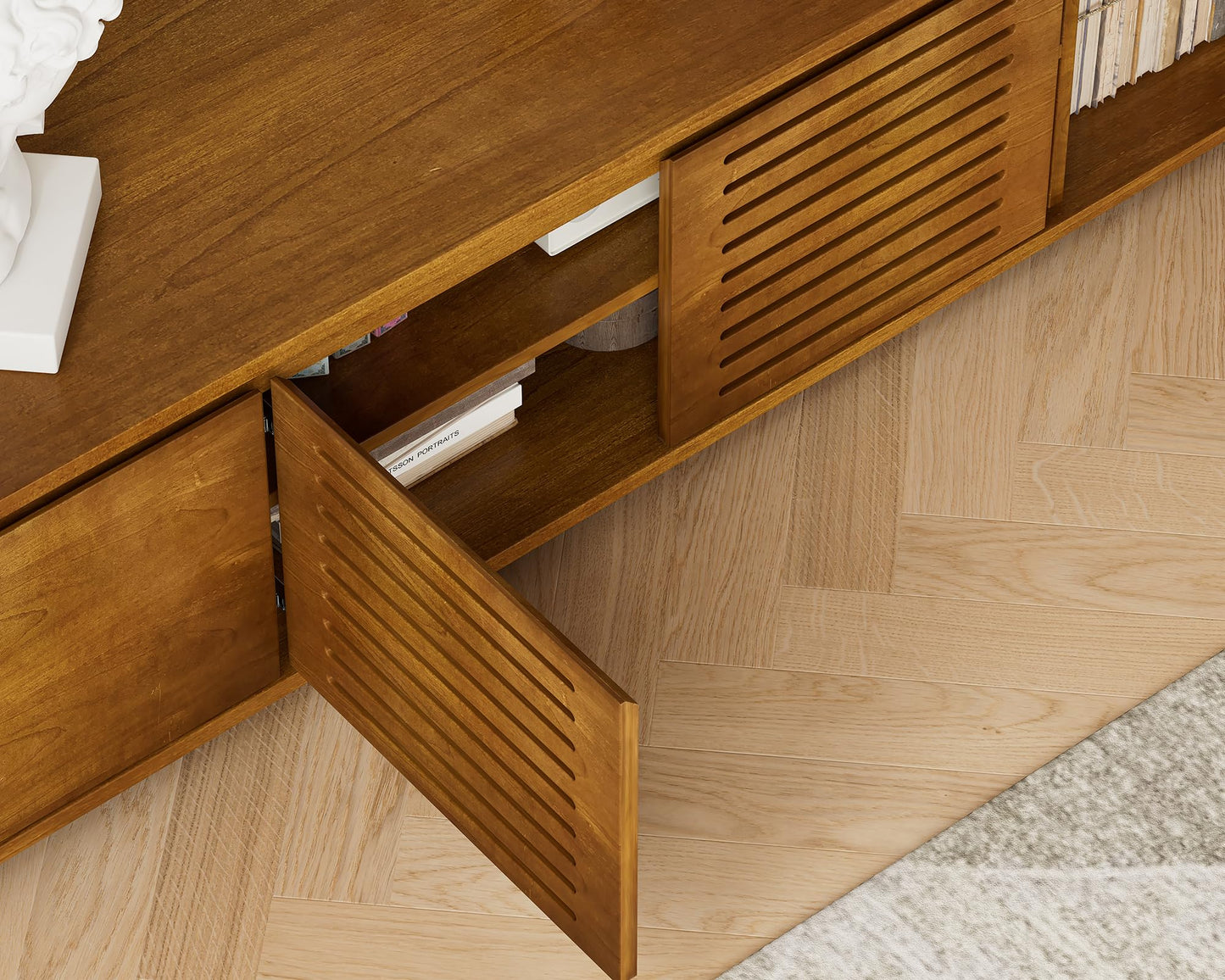 LKTART Mid Century Modern Rattan TV Stand for 65 Inch TV,59" Boho Media Console with Sliding Doors & Open Shelves,Solid Wood Legs for Living Room,Light Walnut