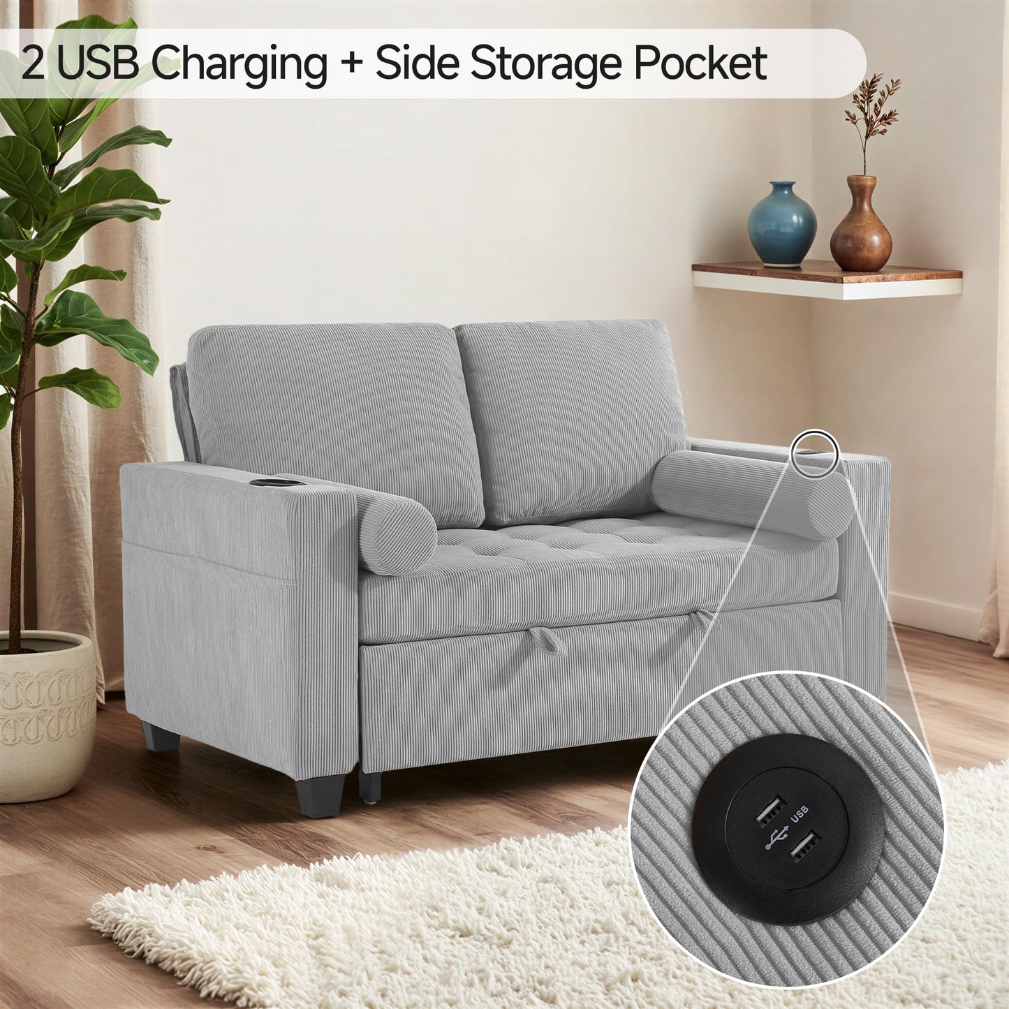 Sleeper Sofa Chair Bed, 3-in-1 Convertible Sleeper Chair with Pull Out Bed, Comfy Corduroy Sofa Bed Couch with Reclining Adjustable Backrest, USB Ports, Cup Holder, Side Pocket (Gray, 38.8")