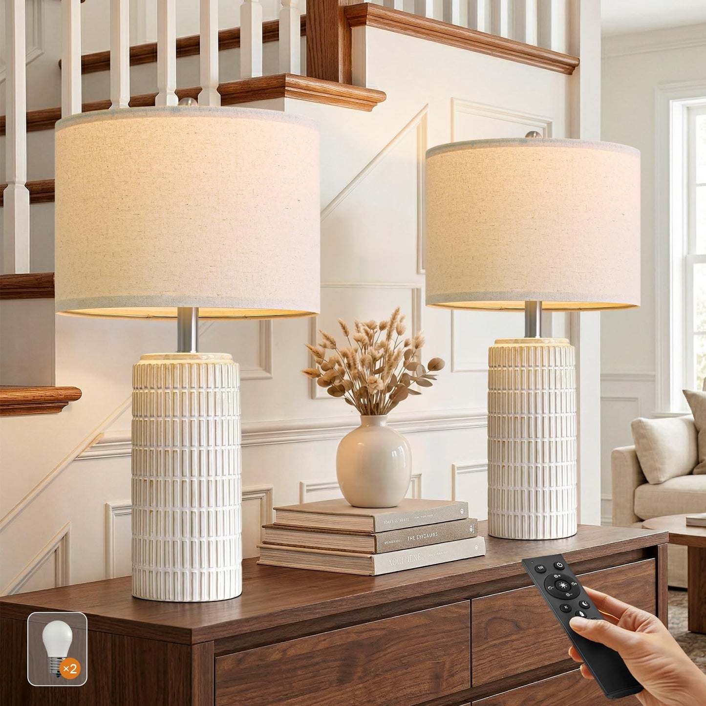 PoKat 23" Modern Ceramic Table Lamp Set of 2 for Living Room White Desk Lamps for Bedroom Farmhouse Bedside Nightstand Lamp House Warming Gifts New Home Decor End Table Lamps Gifts for Women Mom Beige