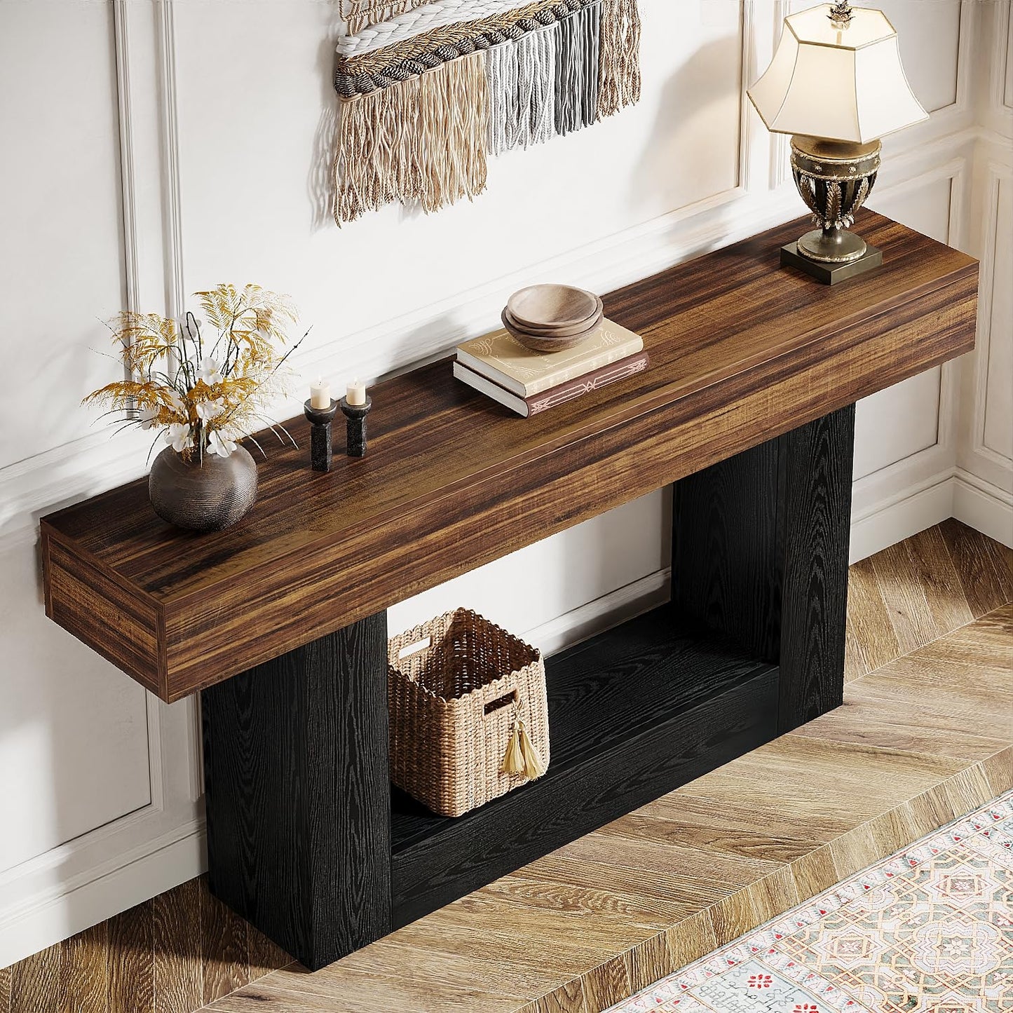 Tribesigns 63" Console Table, Farmhouse 2-Tier Entryway Table with U-Shaped Base, Narrow Long Wood Sofa Table Behind Couch Table for Living Room, Hallway, Foyer, Vintage Brown & Gray | Farmhouse