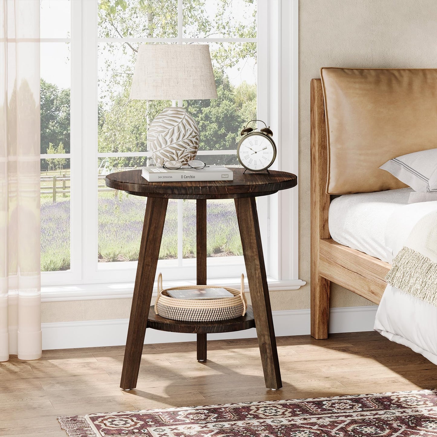 Solid Wood Round End Table, Sofa Side Table with Storage Shelf, Farmhouse Nightstand for Living Room, Bedroom, Easy Assembly (Dark Brown, 1 PC)