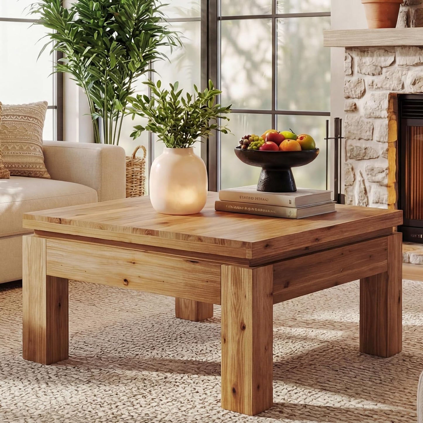 Farmhouse Coffee Table, 31.5" Solid Wood Square Coffee Table for Living Room, Apartment, Small Spaces (Natural Brown)