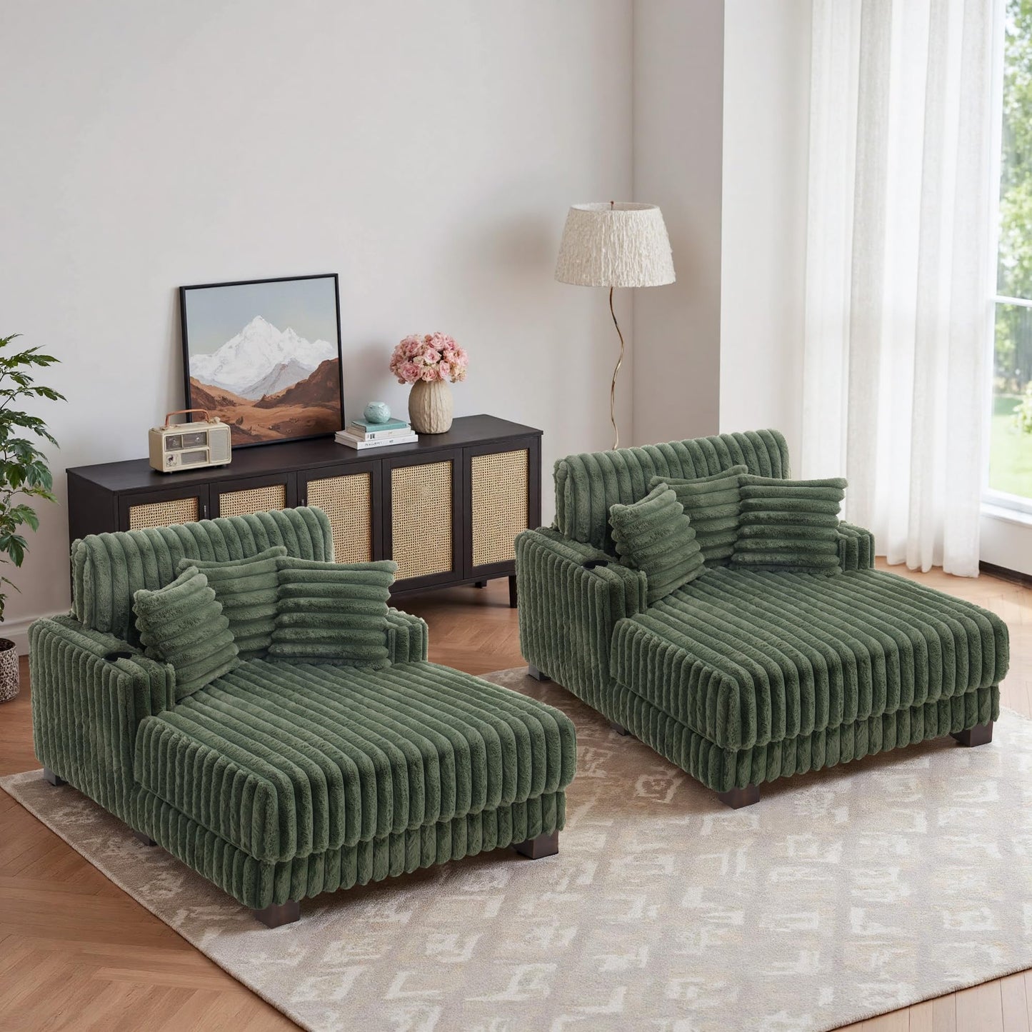 59" Chaise Lounge Chair Indoor, Upholstered Oversized Sleeper Sofa Bed Reading Chairs with 3 Soft Pillows & 2 Cup Holders, Comfy Cloud Deep Seat Sofa for Living Room Bedroom, Set of 2, Navy