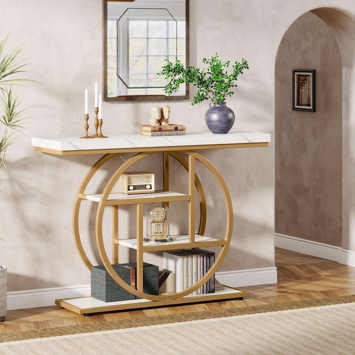 Tribesigns 41.3" Console Table, Industrial 4-Tier Sofa Table Entryway Table with Circle Base, Narrow Wood Accent Tables with Storage Shelves for Living Room, Hallway, Foyer, Rustic Brown
