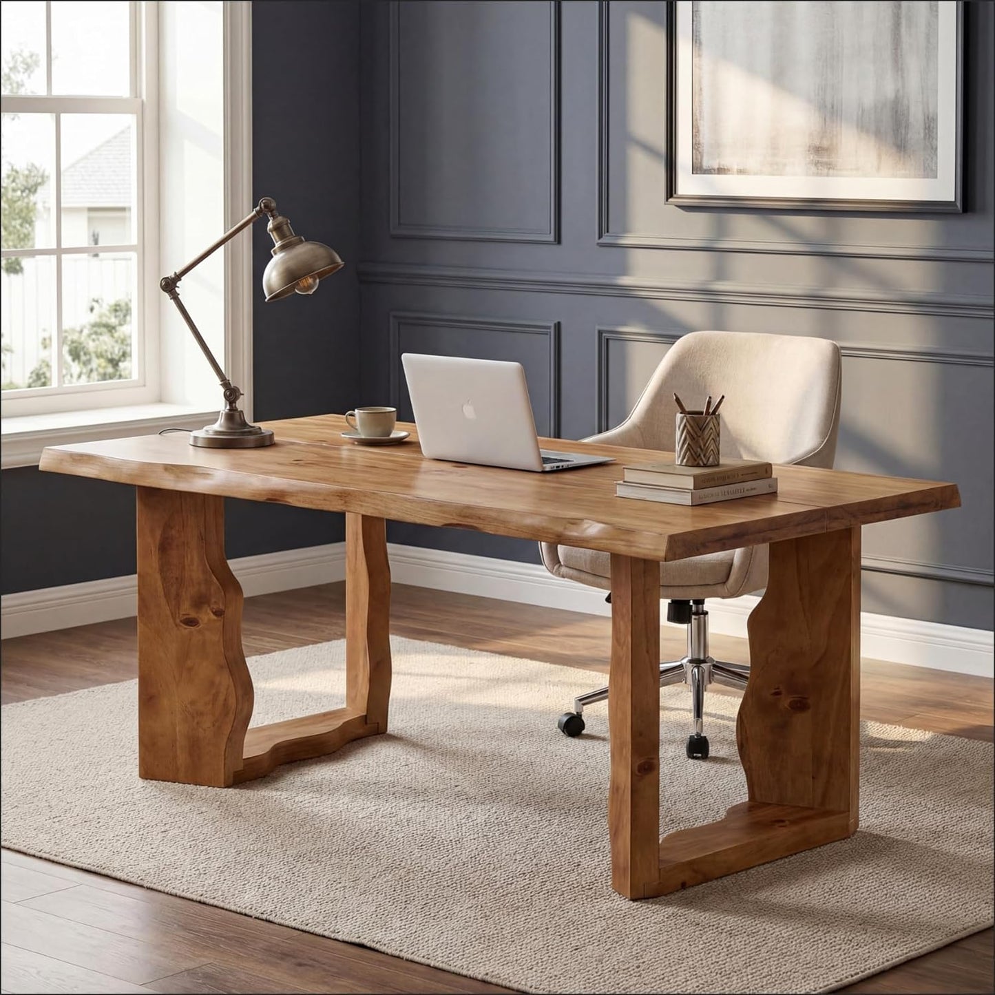 63" Live Edge Rustic Solid Wood Executive Desk, Farmhouse Large Computer Office Desk Workstation for Modern Home Office & Business Furniture