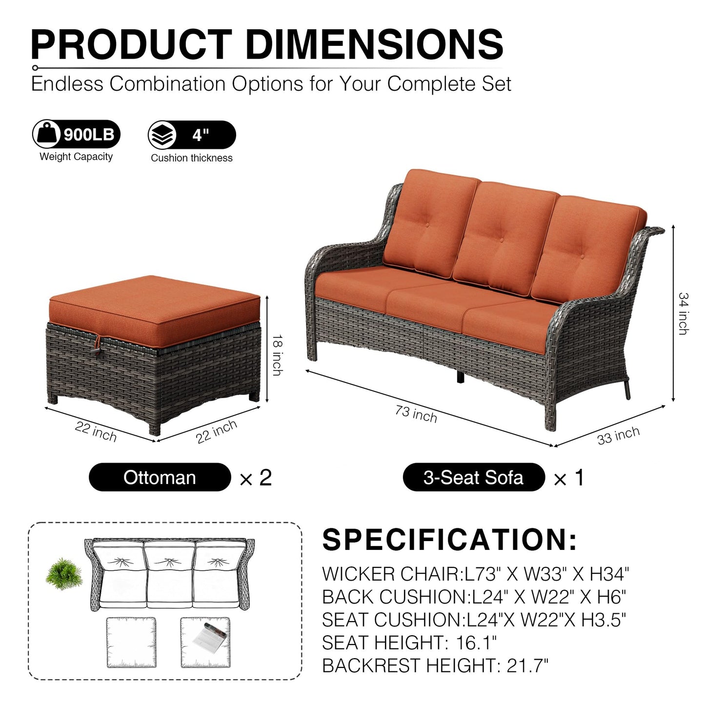 Joyside Outdoor Patio Couch, 3 Seater Outdoor Wicker Sofa with High Back, Deep Seating, Wide Armrest, Thickened Cushions, Patio Sofa for Deck, Porch Use