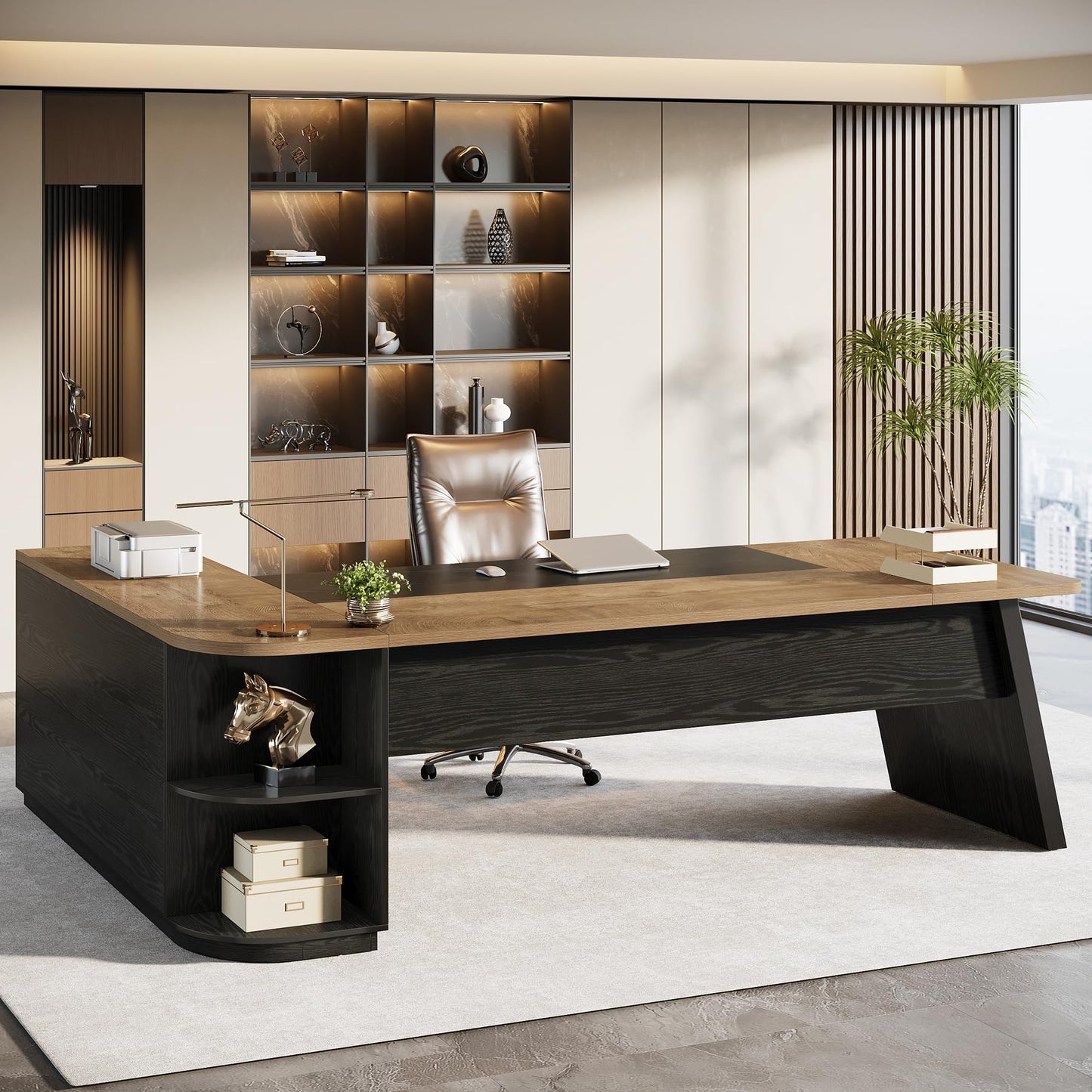 Tribesigns 79-Inch Executive Desk, Large Office Desk with Cabinet, L-Shaped Compter Desk with Storage Shelves, Writing Table for Home Office, Brown and Black