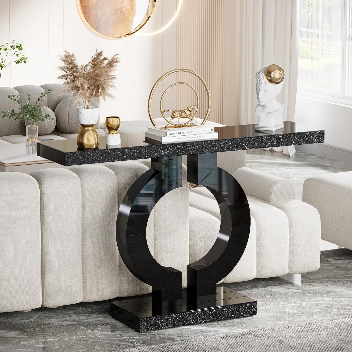 Tribesigns Modern Mirrored Console Table, Glass Sofa Table with Mirror Finish, 43-Inch Entryway Table with O-Shaped Base, Rectangular Accent Foyer Table for Living Room Hallway Entrance (Black)