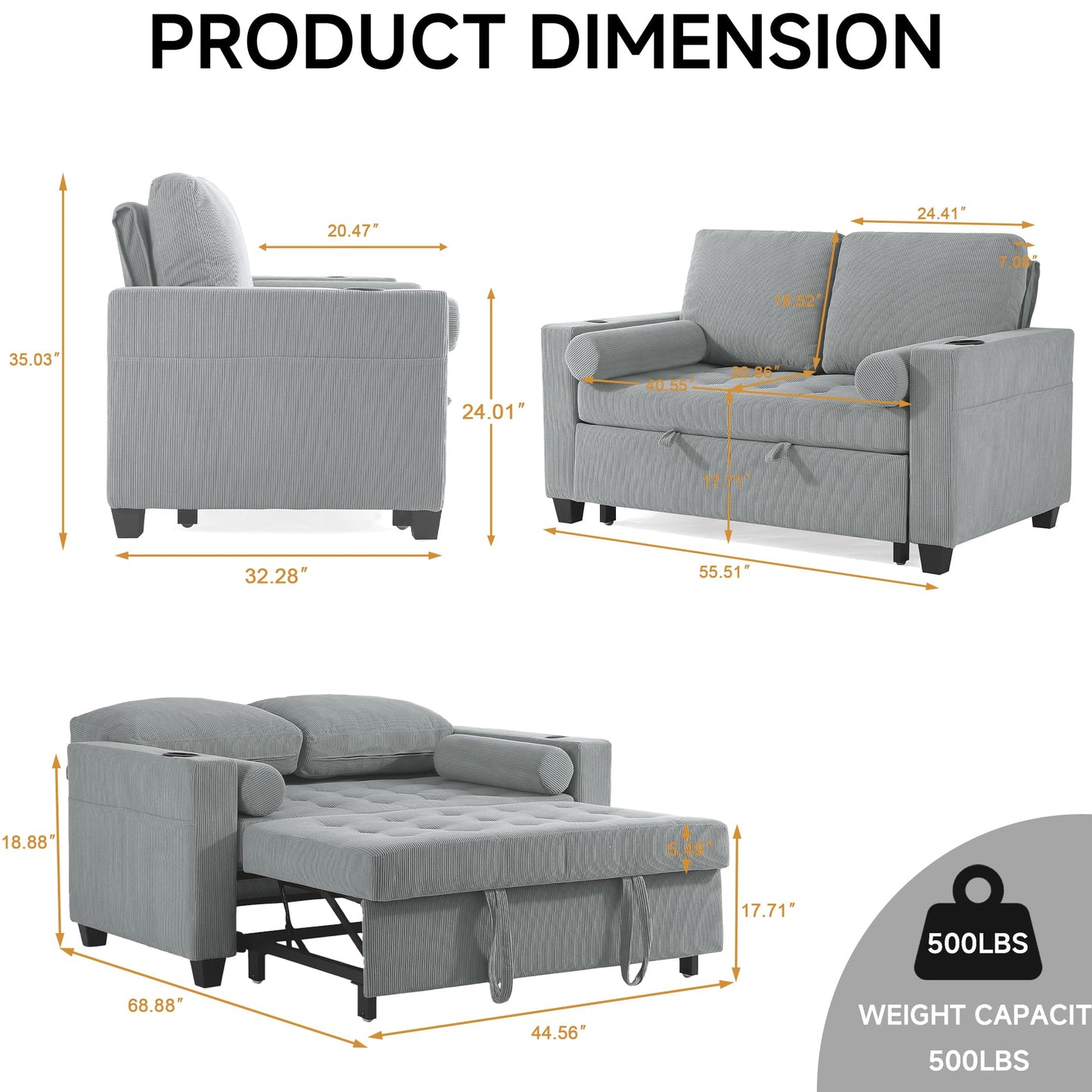 Sleeper Sofa Chair Bed, 3-in-1 Convertible Sleeper Chair with Pull Out Bed, Comfy Corduroy Sofa Bed Couch with Reclining Adjustable Backrest, USB Ports, Cup Holder, Side Pocket (Gray, 38.8")
