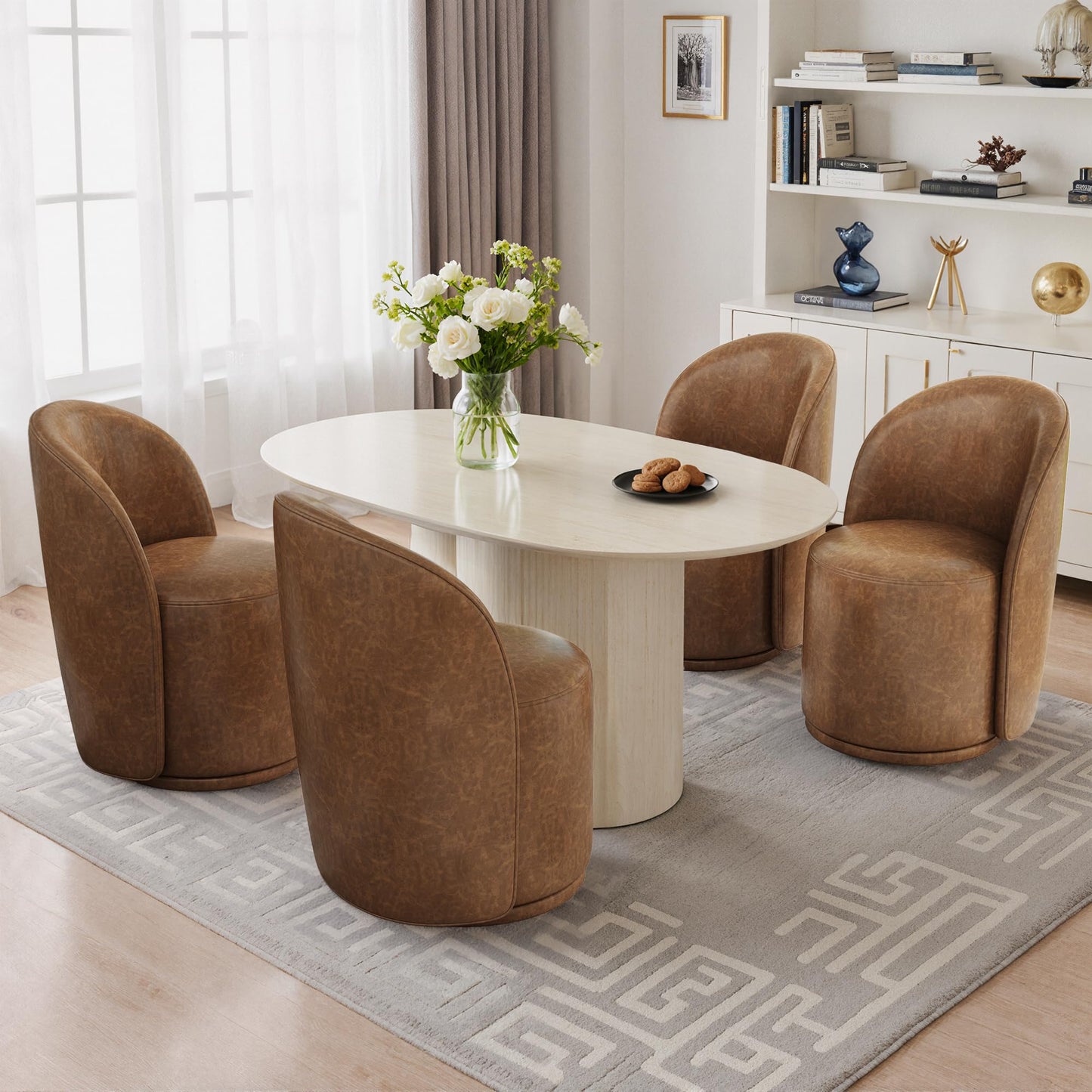 Swivel Barrel Dining Chairs Set of 2, Faux Leather Upholstered Round Dining Chairs, 360° Swivel Vanity Chair Comfy Armless Accent Makeup Chair for Dining/Living Room Makeup Room, Brown