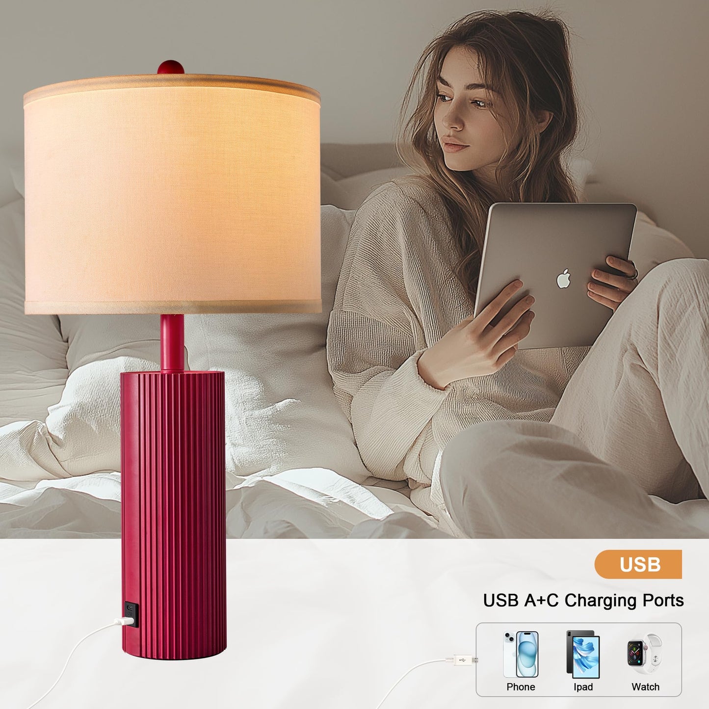 24.5" Black Lamps Set of 2, Modern Table Lamps for Living Room with USB C+A Ports, Creative Stripe Touch Lamps for Nightstand, 2 Bulbs Included