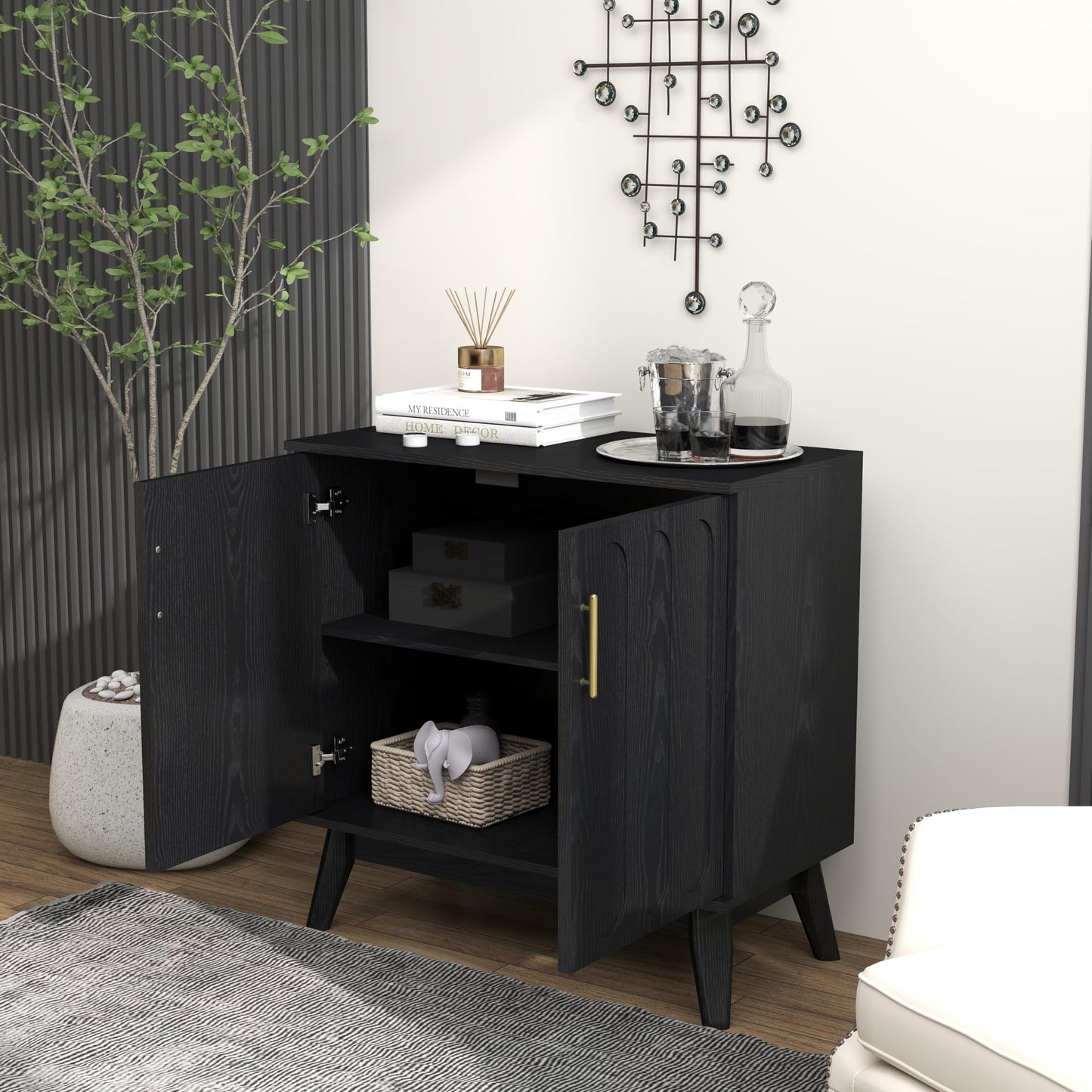 LKTART Mid Century Modern Storage Cabinet with Rattan Sliding Doors and Open Shelves, Boho Style Wooden Sideboard Buffet for Living Room,Dark Walnut
