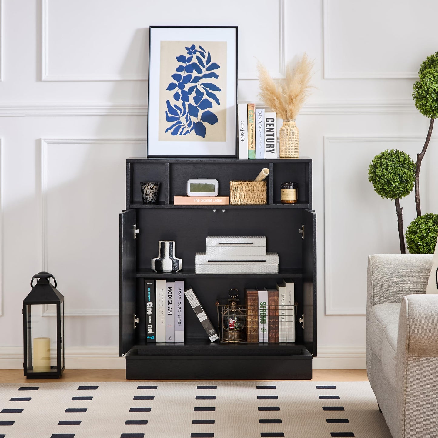LKTART 63" Rattan Sideboard Buffet Cabinet,Kitchen Storage Cabinet,Wood Coffee Bars with 4 Doors & Open Storage Shelves,Mid Century Modern Credenza Console Table for Living Room,Walnut