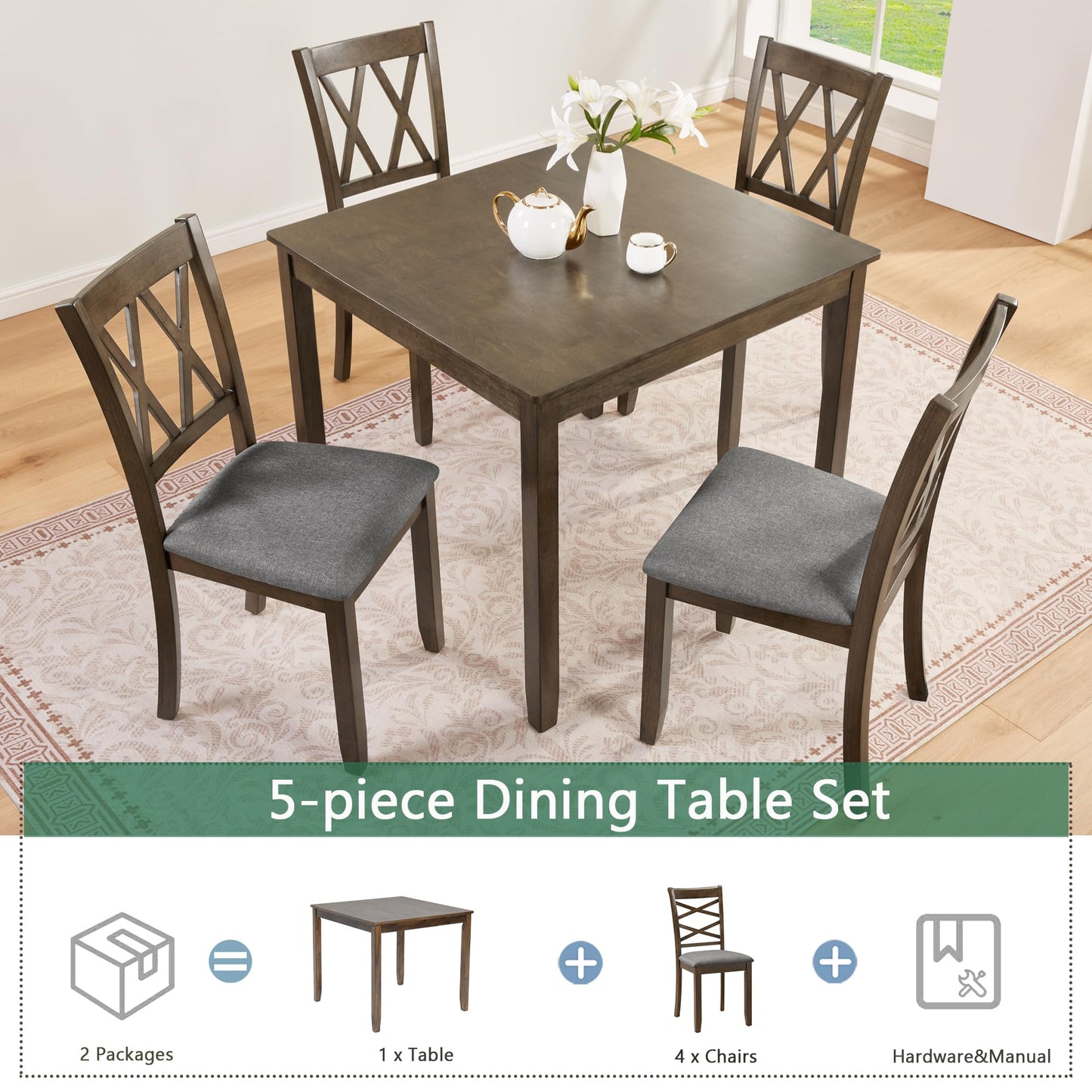 LKTART 5-Piece Kitchen & Dining Room Table and Chairs Sets,Small Square Kitchen Table with 4 Upholstered XX-Shaped Backrest Chairs,Walnut
