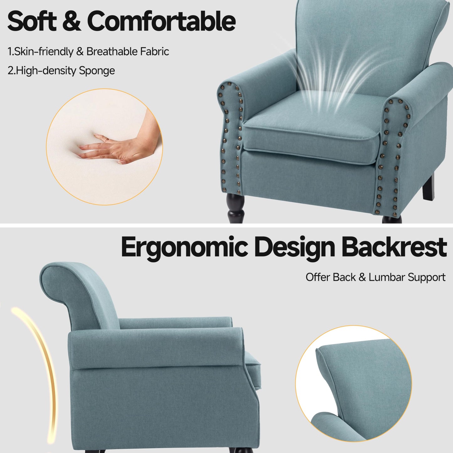 Wingback Accent Chairs Set of 2, Mid-Century Modern Upholstered Armchair Living Room Chair with Nailhead Trim & Rolled Armrest, Comfy Lounge Chair Single Sofa Chair for Bedroom, Light Blue