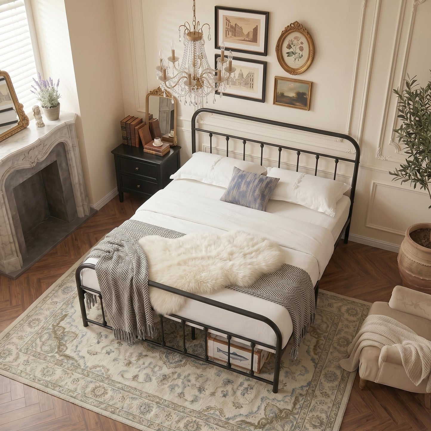 VECELO King Size Victorian Style Metal Bed Frame with Headboard/Mattress Foundation/No Box Spring Needed/Under Bed Storage and Strong Slat Support Purple Bronze