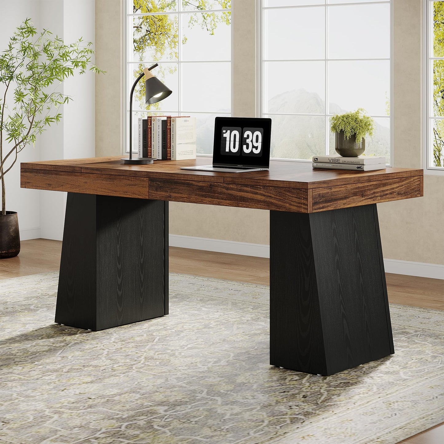 Tribesigns 55" Executive Desk, Wooden Office Desk with Double Pedestal, Modern Simple Computer Writing Table for Home Office, Light Brown