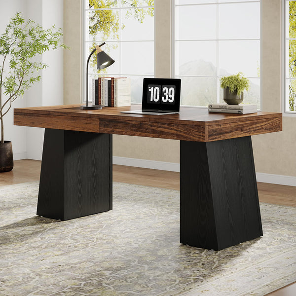 Tribesigns 55" Executive Desk, Wooden Office Desk with Double Pedestal, Modern Simple Computer Writing Table for Home Office, Light Brown