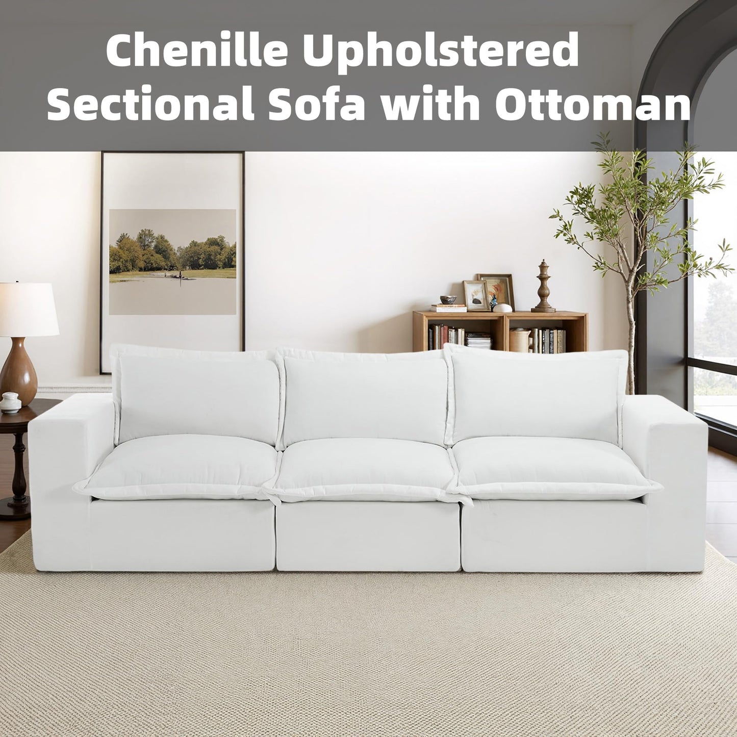 116" Modular Sectional Sofa, Comfy L Shaped Modular Coush Sofa with Ottoman, 3-Seat Chenille Cloud Couches Deep Seat Sofa for Living Room, Apartment, Small Spaces, Beige
