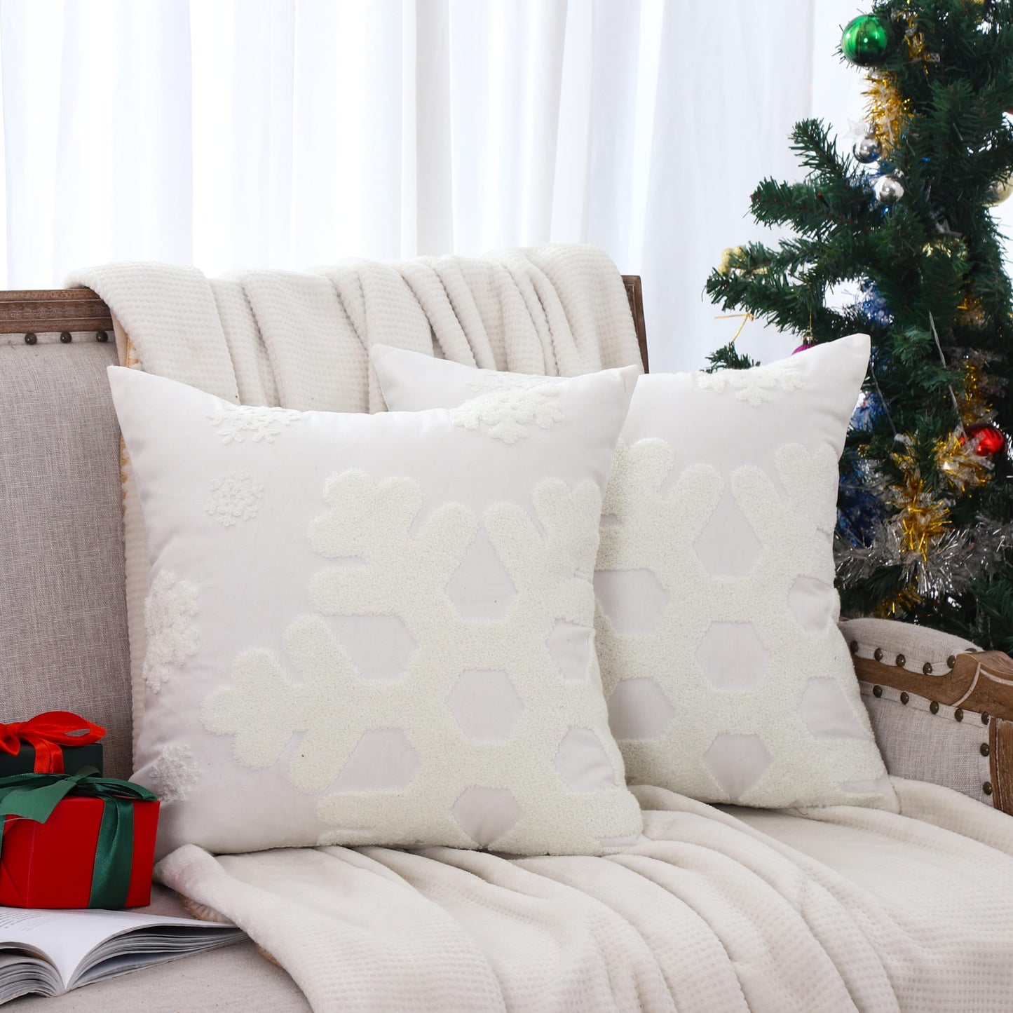 VAKADO Christmas Throw Pillow Covers 18x18 Set of 2 Embroidered Snowflake Decorative Xmas Cushion Cases Holiday Soft Home Decor for Bedroom Sofa Chair Porch Winter, Blue