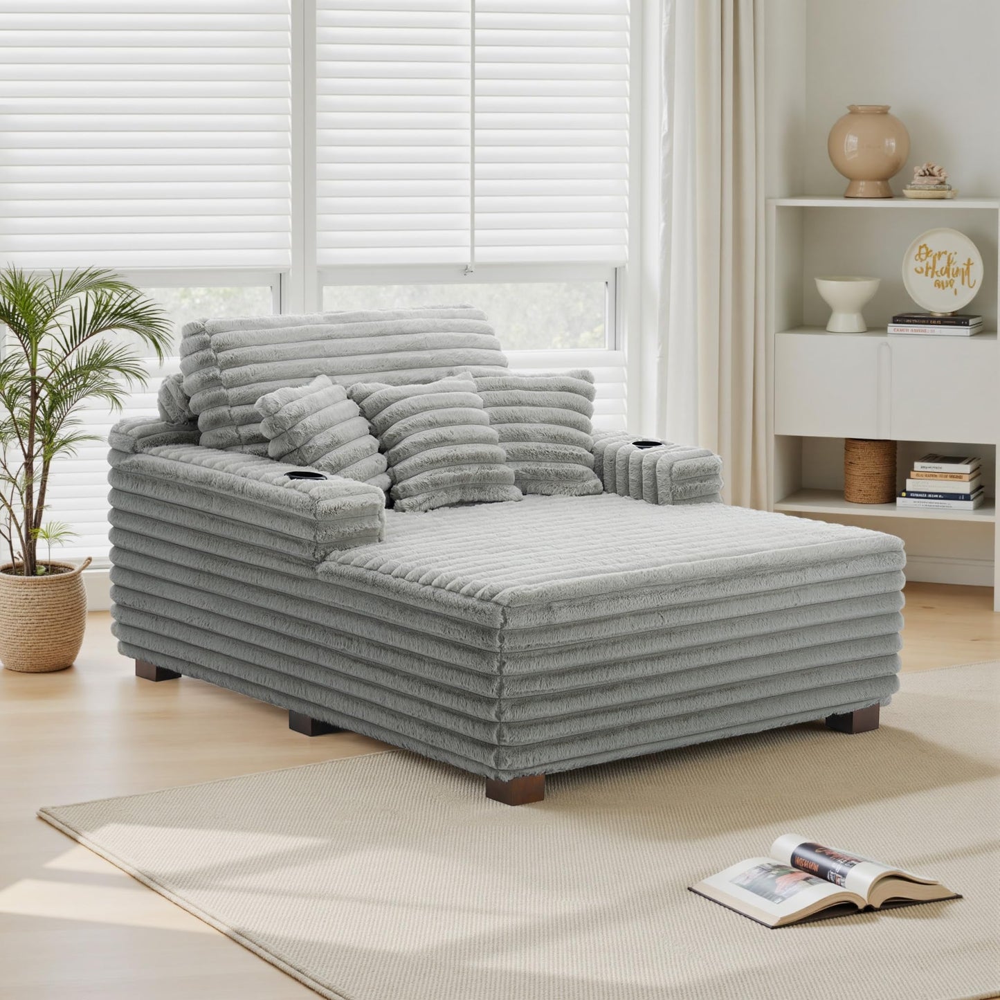 59" Chaise Lounge Chair Indoor, Upholstered Oversized Sleeper Sofa Bed Reading Chairs with 3 Soft Pillows & 2 Cup Holders, Comfy Cloud Deep Seat Sofa for Living Room Bedroom, Set of 2, Navy