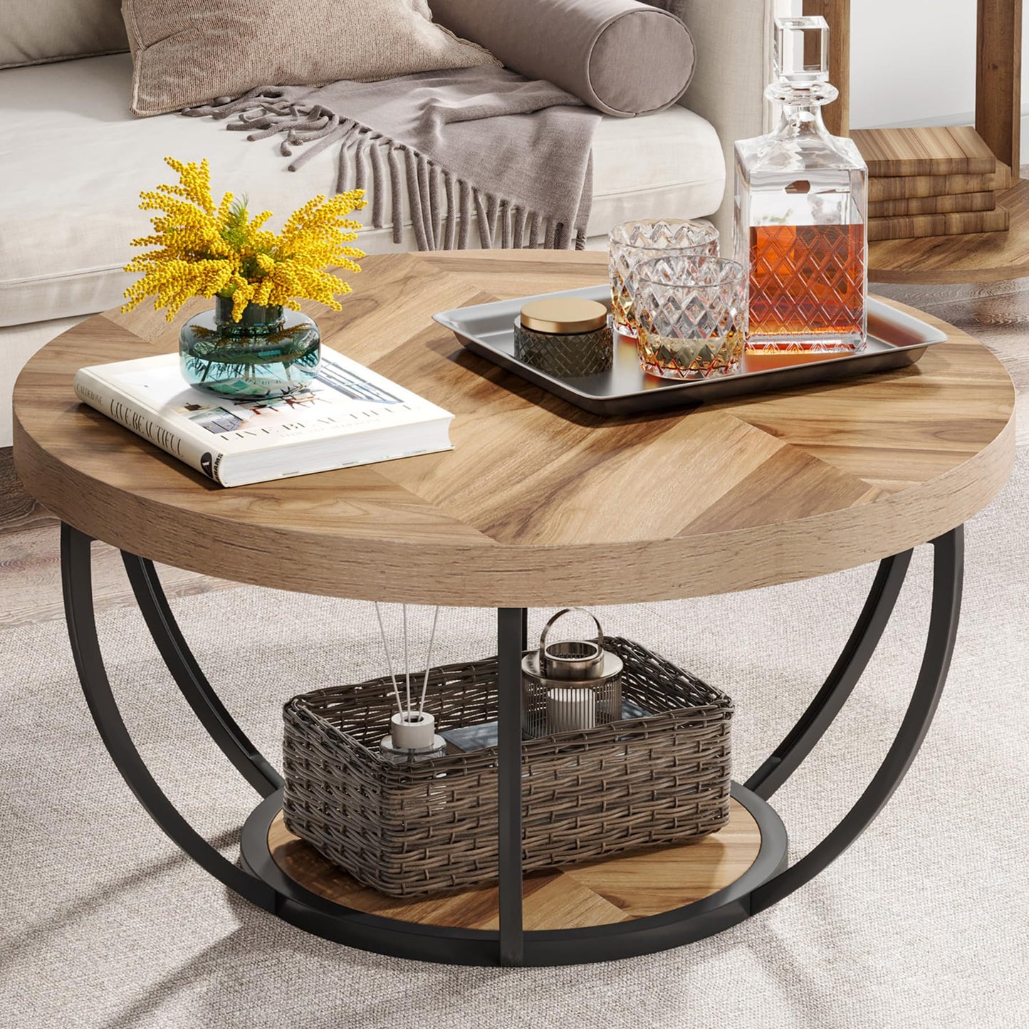 Tribesigns Round Coffee Table, 31.7" Wooden 2-Tier Circle Coffee Table with Storage Shelves, Modern Accent Cocktail Table Center Table for Living Room, Grey