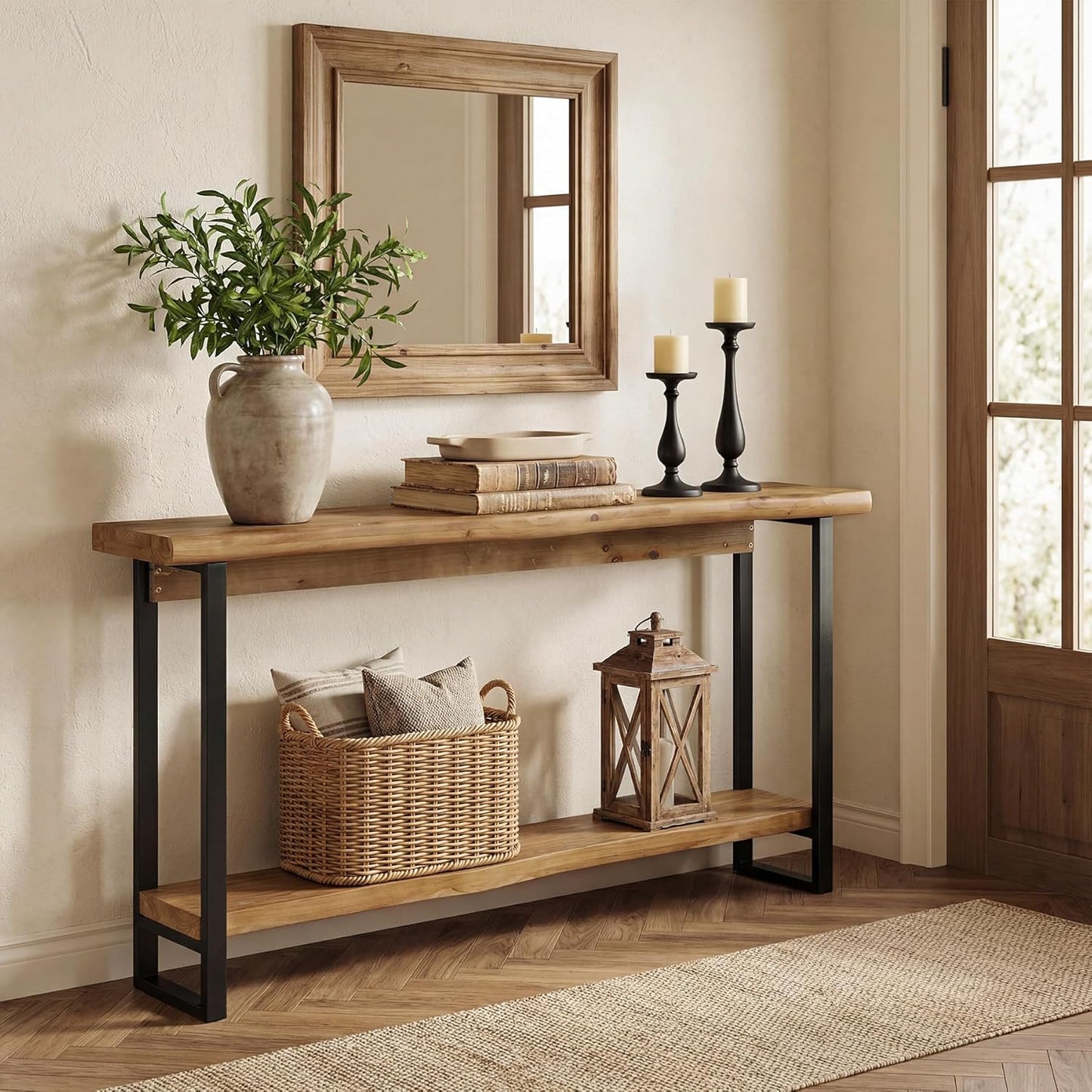 Solid Wood Live-Edge Console Table for Entryway, Farmhouse 63-Inch Narrow Long Sofa Table Behind Couch with Unique Shape, Heavy-Duty Metal Legs, Ideal for Foyer, Entrance, Living Room