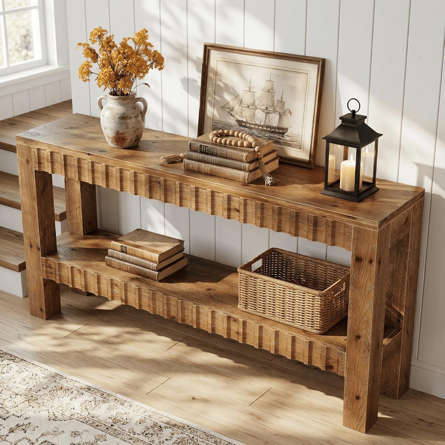 Solid Wood Console Table, 63" Farmhouse Wooden Entryway Table with Fluted Deign, 2-Tier Rectangular Narrow Sofa Table Behind Couch for Entryway, Hallway, Living Room, Rustic Brown