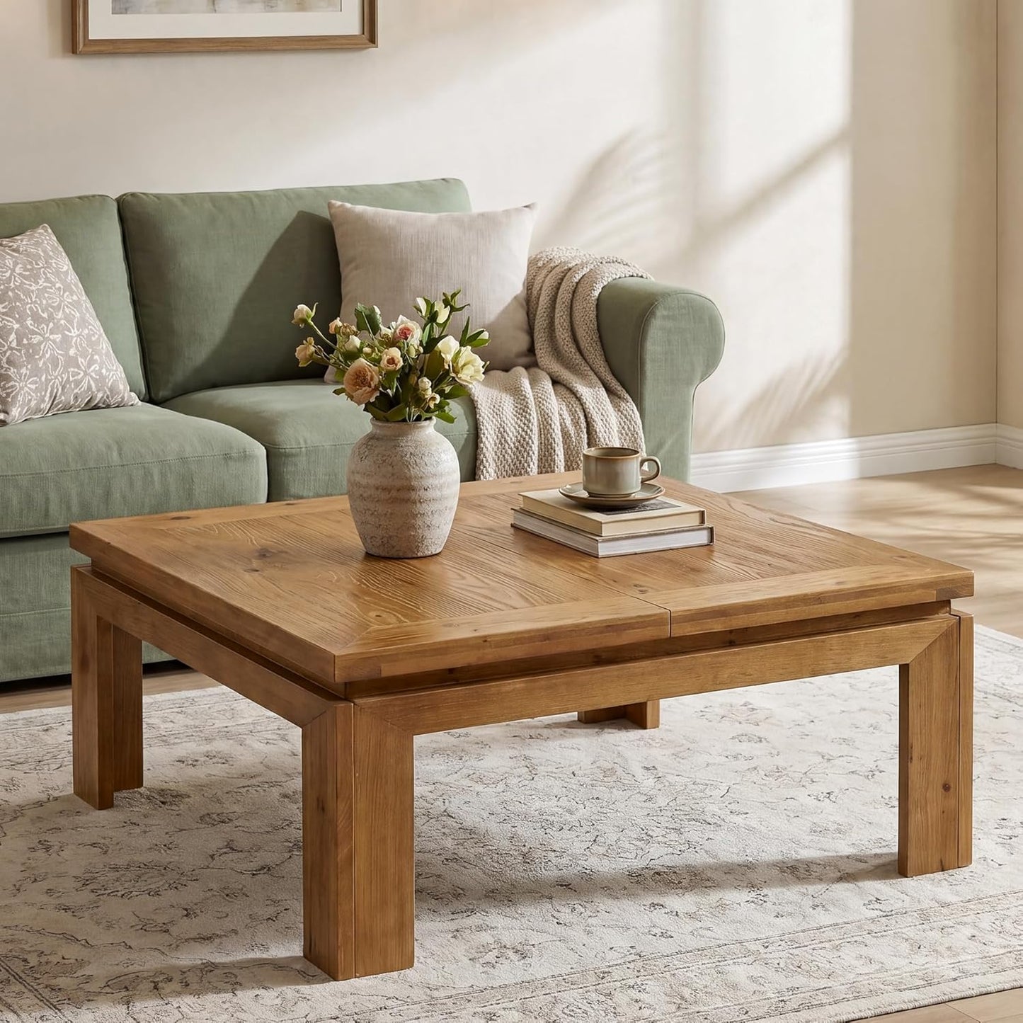 Solid Wood Square Coffee Table, 39.4" x 39.4" Farmhouse Cocktail Center Table with Recessed Edge Design, Easy Assembly, Living Room, Natural Brown