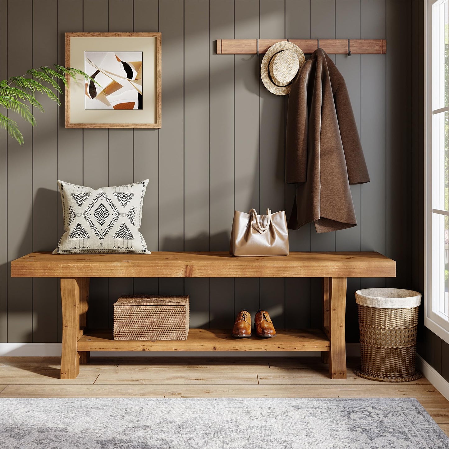 Solid Wood Entryway Bench, 55" End of Bed Bench, Long Indoor Dining Seat for Hallway, Bedroom, Living Room, Dining Room, Easy Assembly, Brown