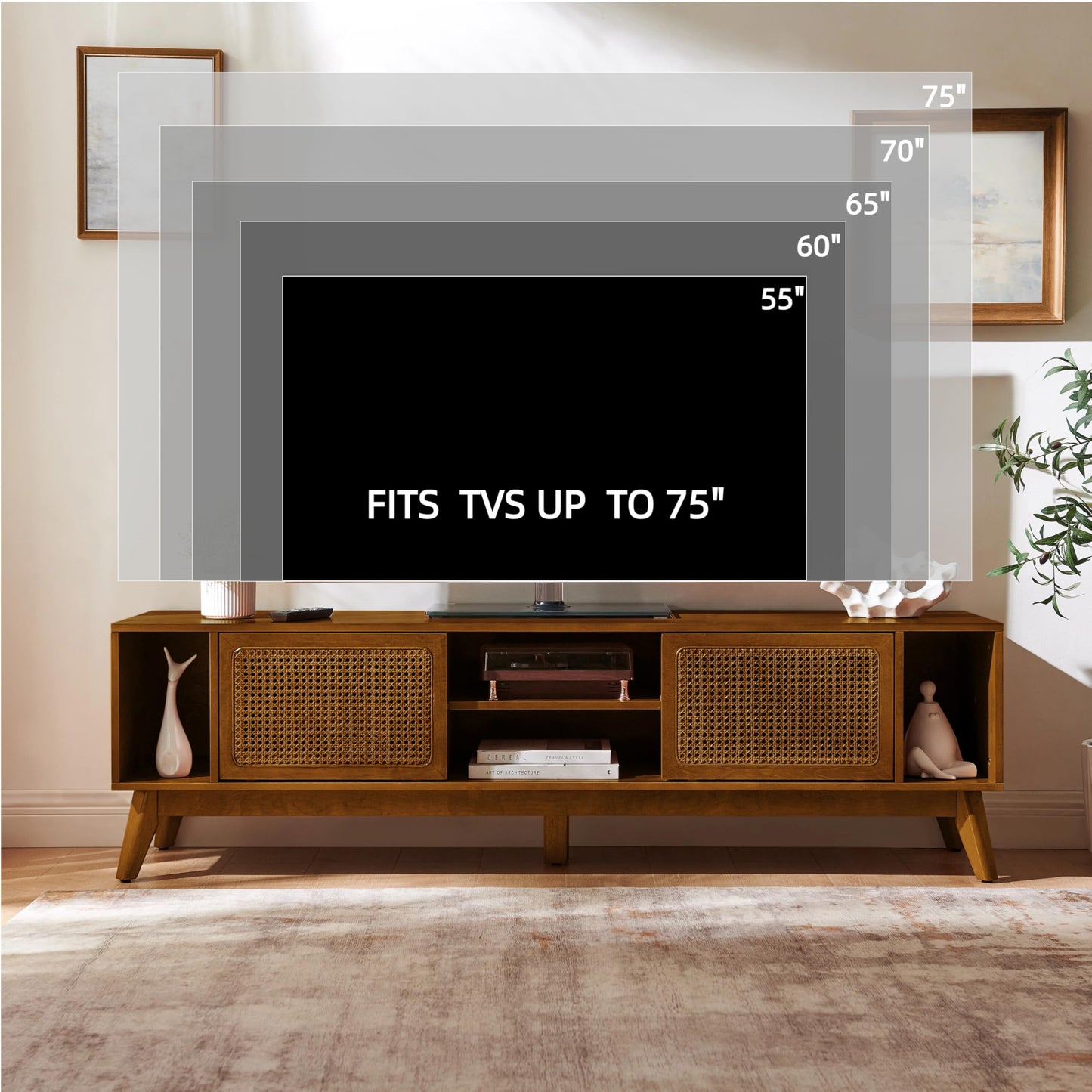 LKTART Mid Century Modern Rattan TV Stand for 65 Inch TV,59" Boho Media Console with Sliding Doors & Open Shelves,Solid Wood Legs for Living Room,Light Walnut