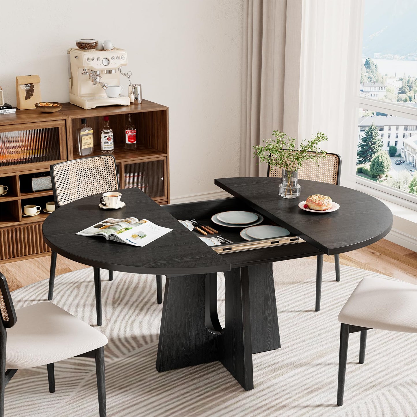 Epecoya 59-Inch Extendable Round to Oval Pedestal Dining Table, Farmhouse Wood Kitchen Table for 4-6 People, Space-Saving Expandable Dinner Table with Heavy Cross Base, Dark Brown Walnut