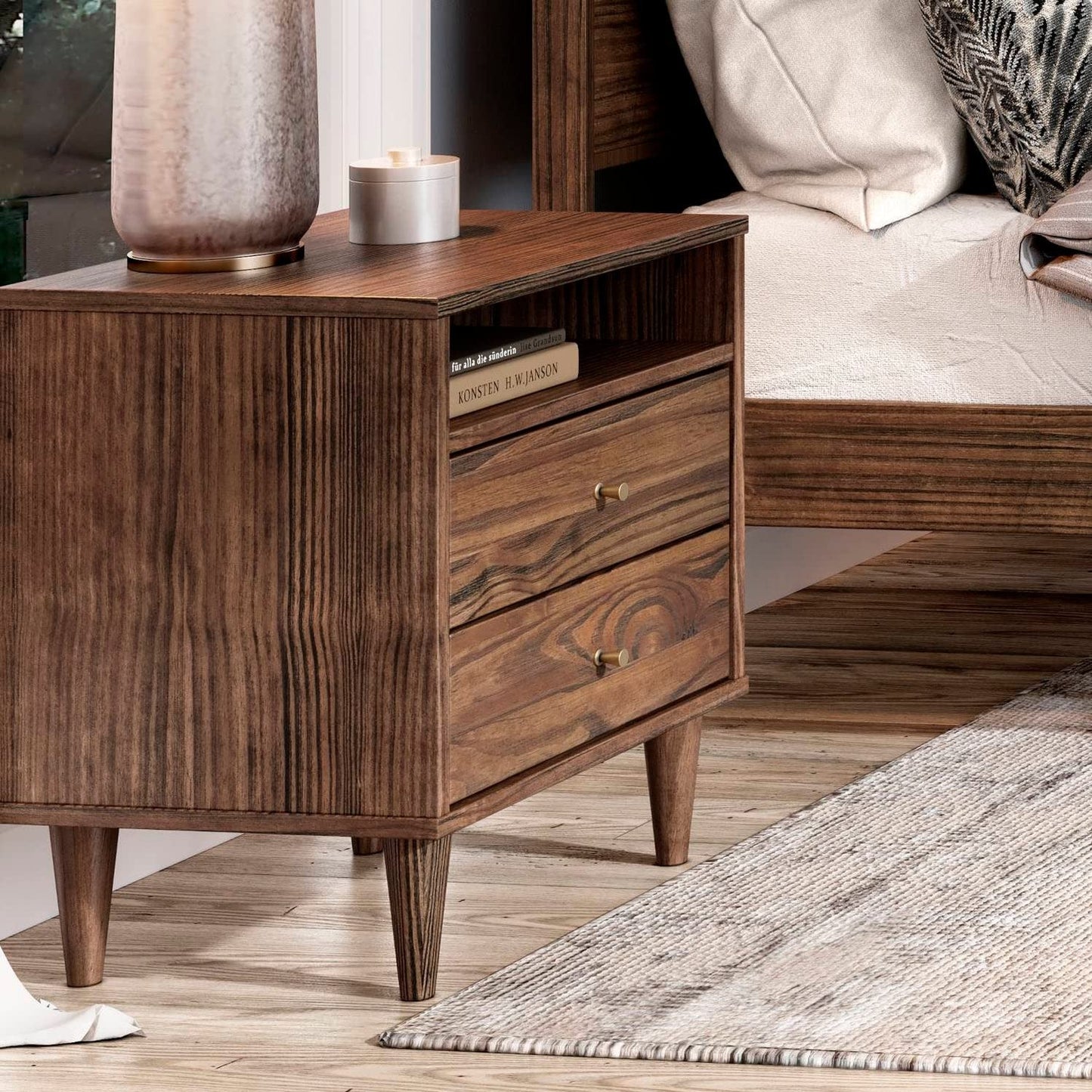 Grain Wood Furniture Mid Century 2-Drawer Nightstand, Solid Wood with a Brushed Walnut Finish