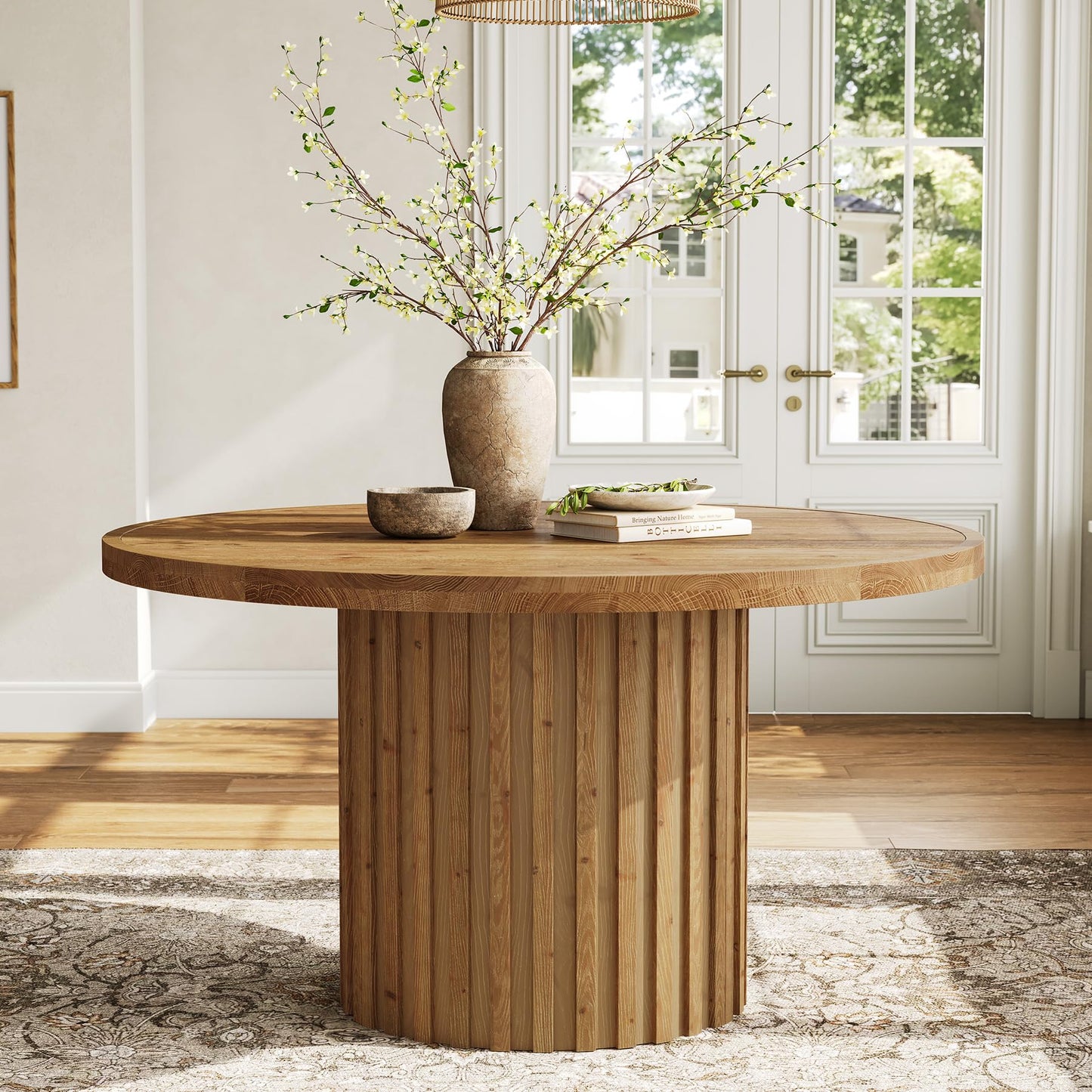 47" Solid Wood Dining Table for 4-6, Farmhouse Round Kitchen Table with Striped Pedestal Base, Circle Wooden Dining Room Furniture for Kitchen Living Room, Wood Tabletop+MDF Pedestal Base