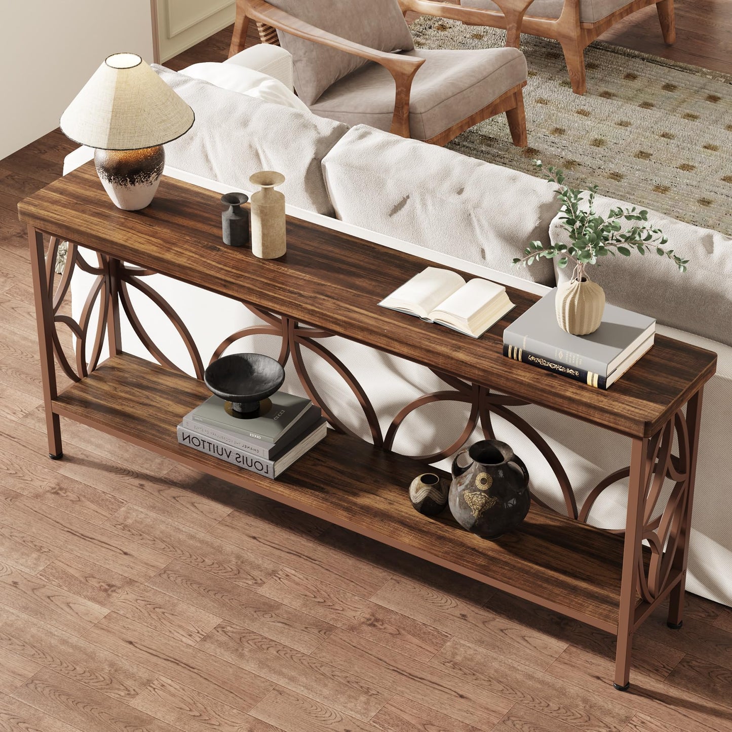 Tribesigns 70.9-Inch Narrow Sofa Table, Industrial Long Sofa Table Behind Couch, Entry Console Table with Storage for Entryway, Living Room, Foyer, Unique Design, Rustic Brown