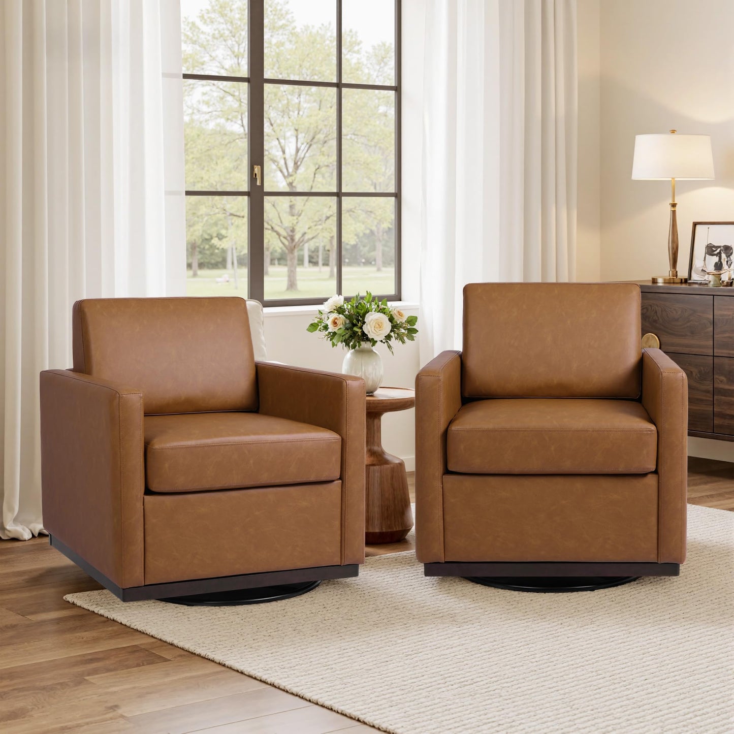 Faux Leather Swivel Accent Chairs Set of 2, 360° Swivel Upholstered Club Armchairs for Living Room, 31" Wide Square Single Sofa Reading Chair with Deep Seat, Metal Swivel Base, Navy