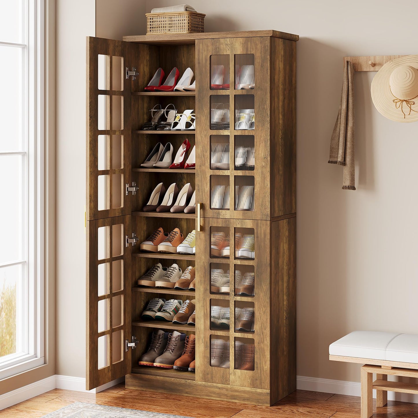 Tribesigns Tall Shoe Cabinet with Doors, 8-Tier Shoe Storage with Adjustable Shelves, Modern Shoe Organizer Shoe Rack Cabinet for Entryway, Hallway, Closet, Living Room, Rustic Brown