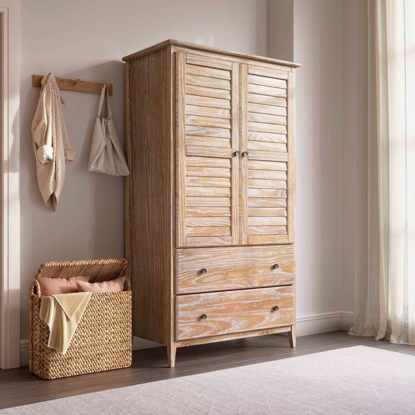 Grain Wood Furniture Greenport 2-Door Wardrobe, Solid Wood with a Brushed Walnut Finish