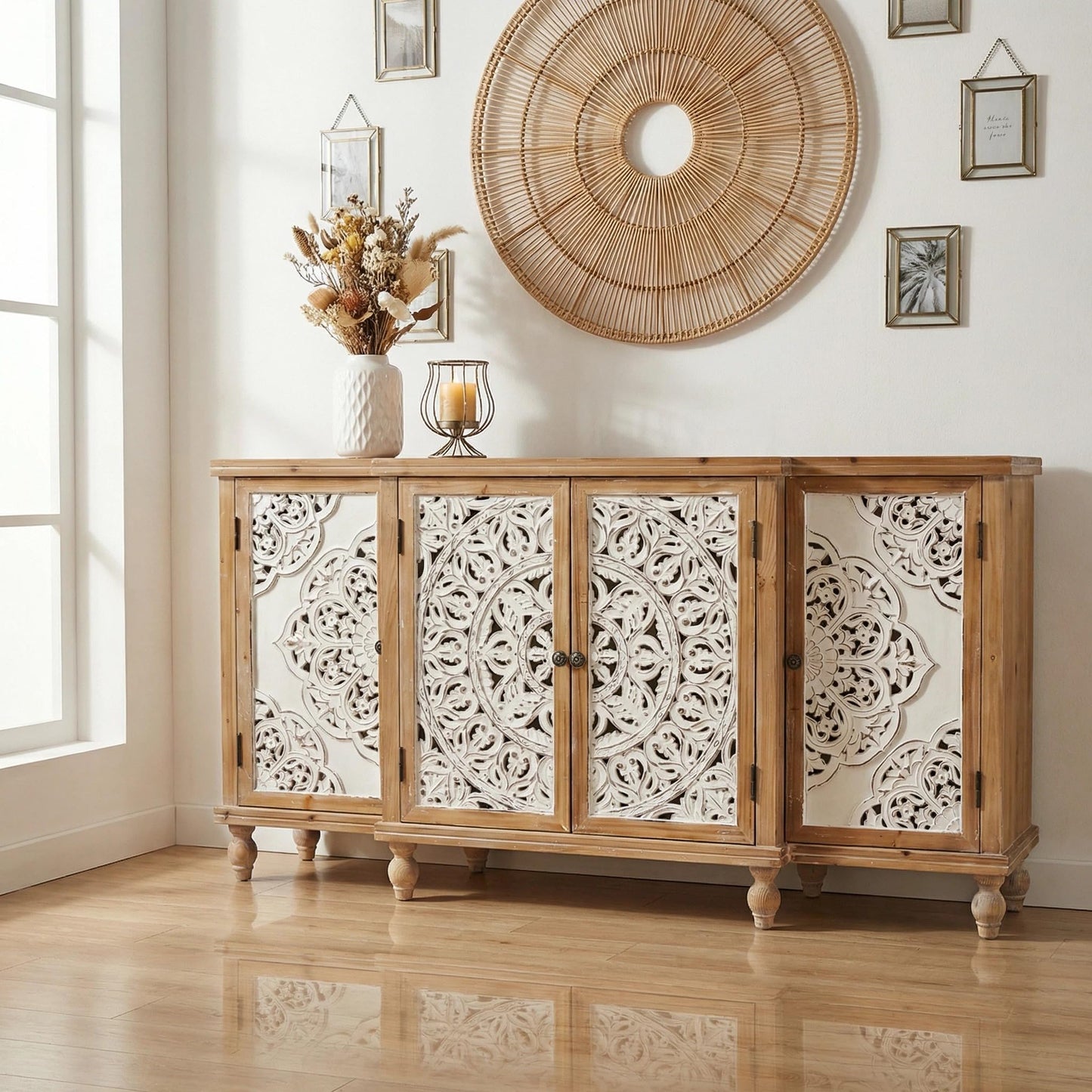LKTART 60" Farmhouse Sideboard Buffet,Solid Fir Wood Frame with Hollowed-Out Carved Doors,Hand-Distressed Design,Versatile Storage Cabinet for Kitchen, Living Room,Natural Wood