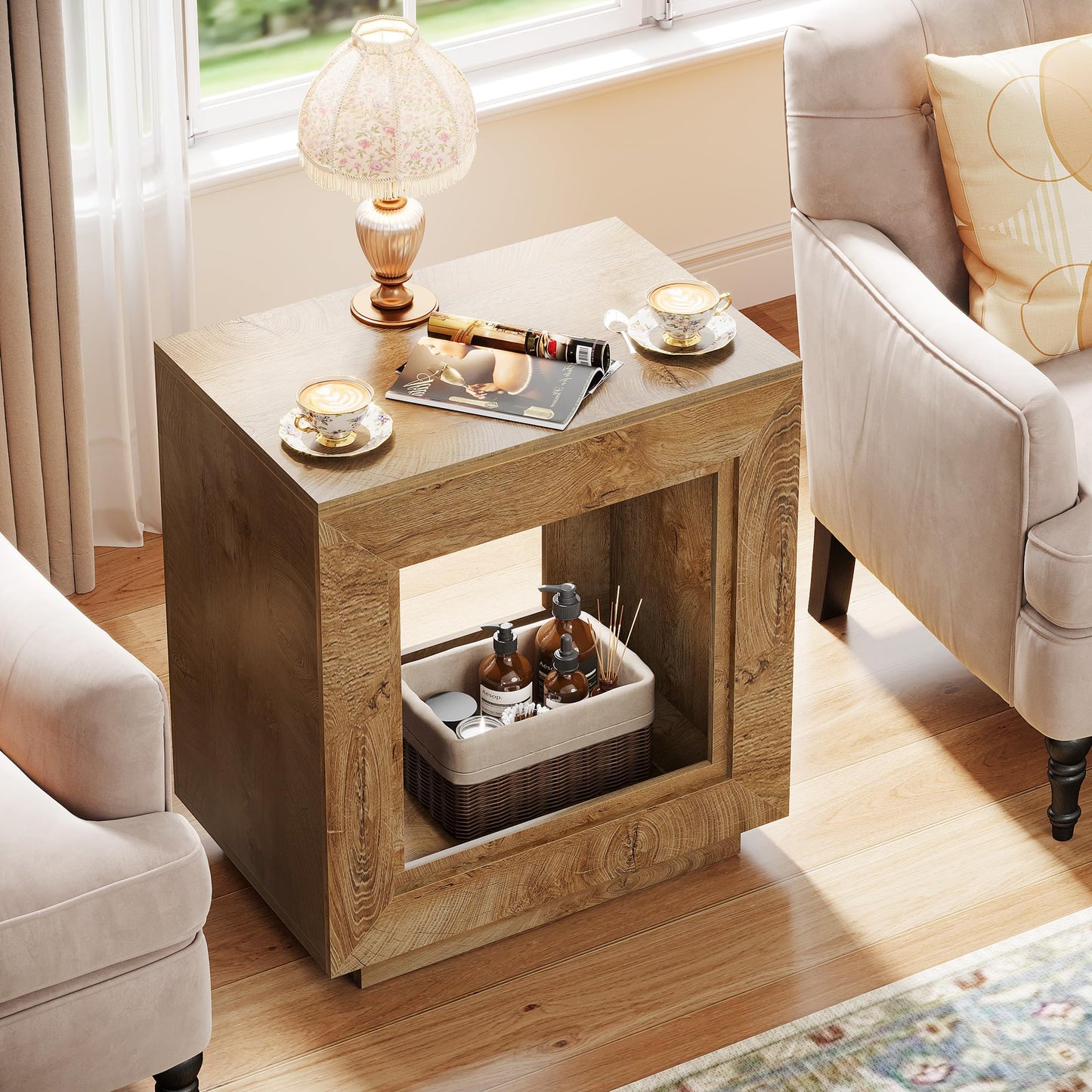 Tribesigns Rustic Wood End Table, 2 Tiered Square Side Table with Storage Shelf, Industrial Sofa Side Table for Living Room, Entrance (Rustic Brown) (1)
